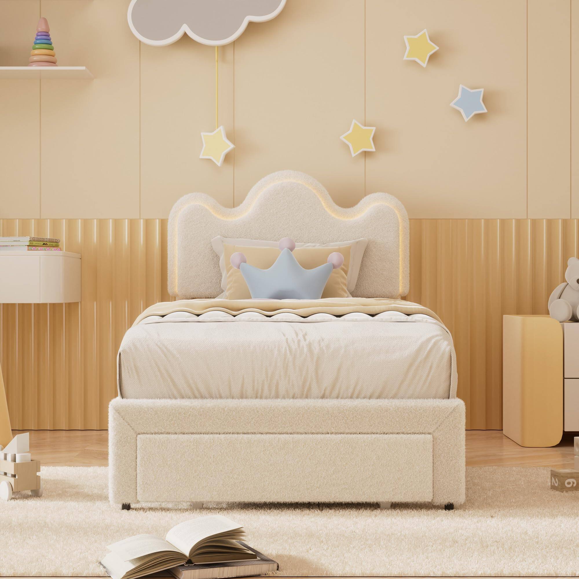 Left. Acekool - Twin Bed Frames Lamb Velvet Twin Beds Cute Platform Bed Frame for Girls, Boys,Sturdy Platform Bed - White.