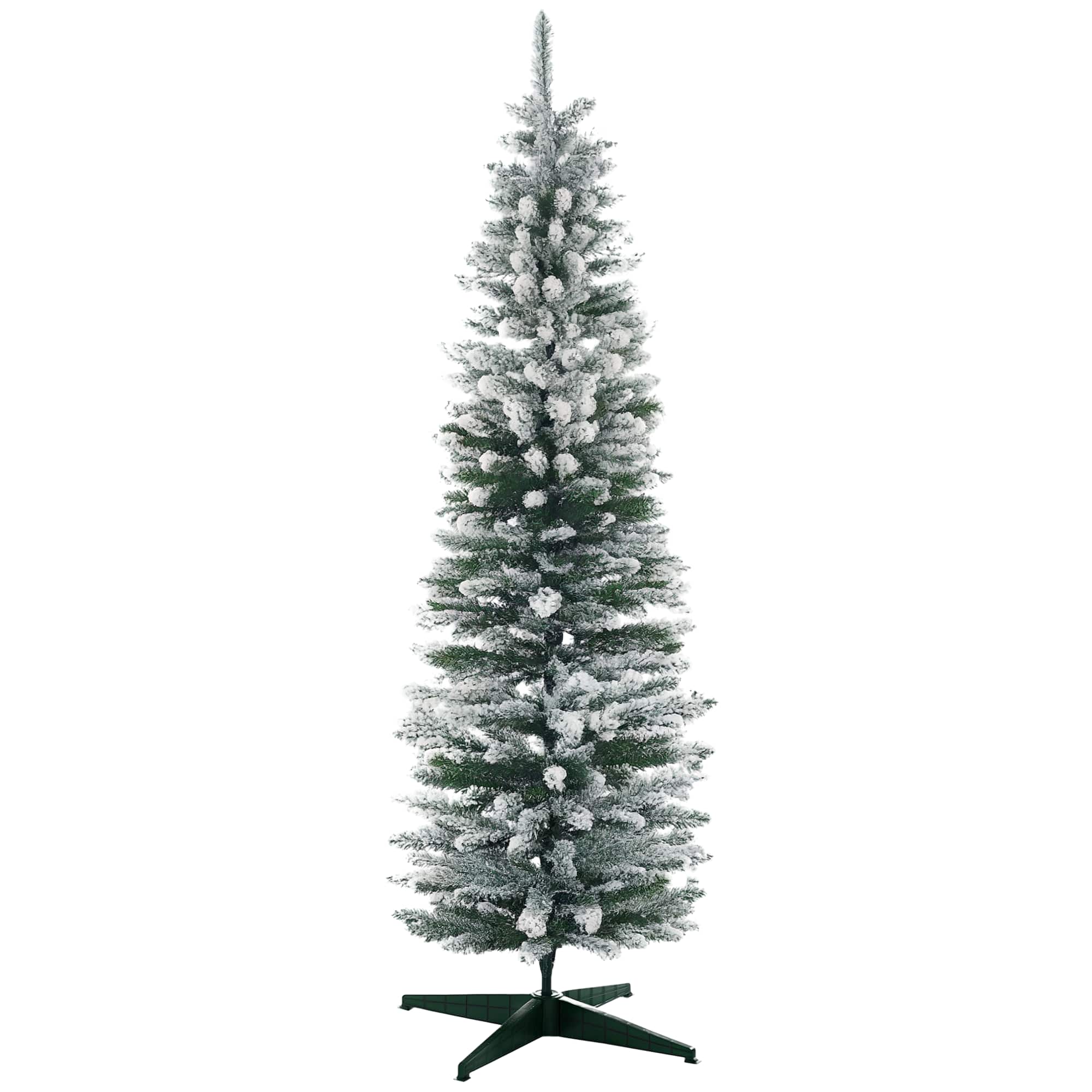Homcom - 6ft Snow Flocked Slim Pencil Artificial Christmas Tree, Realistic Branches Plastic Base - Green