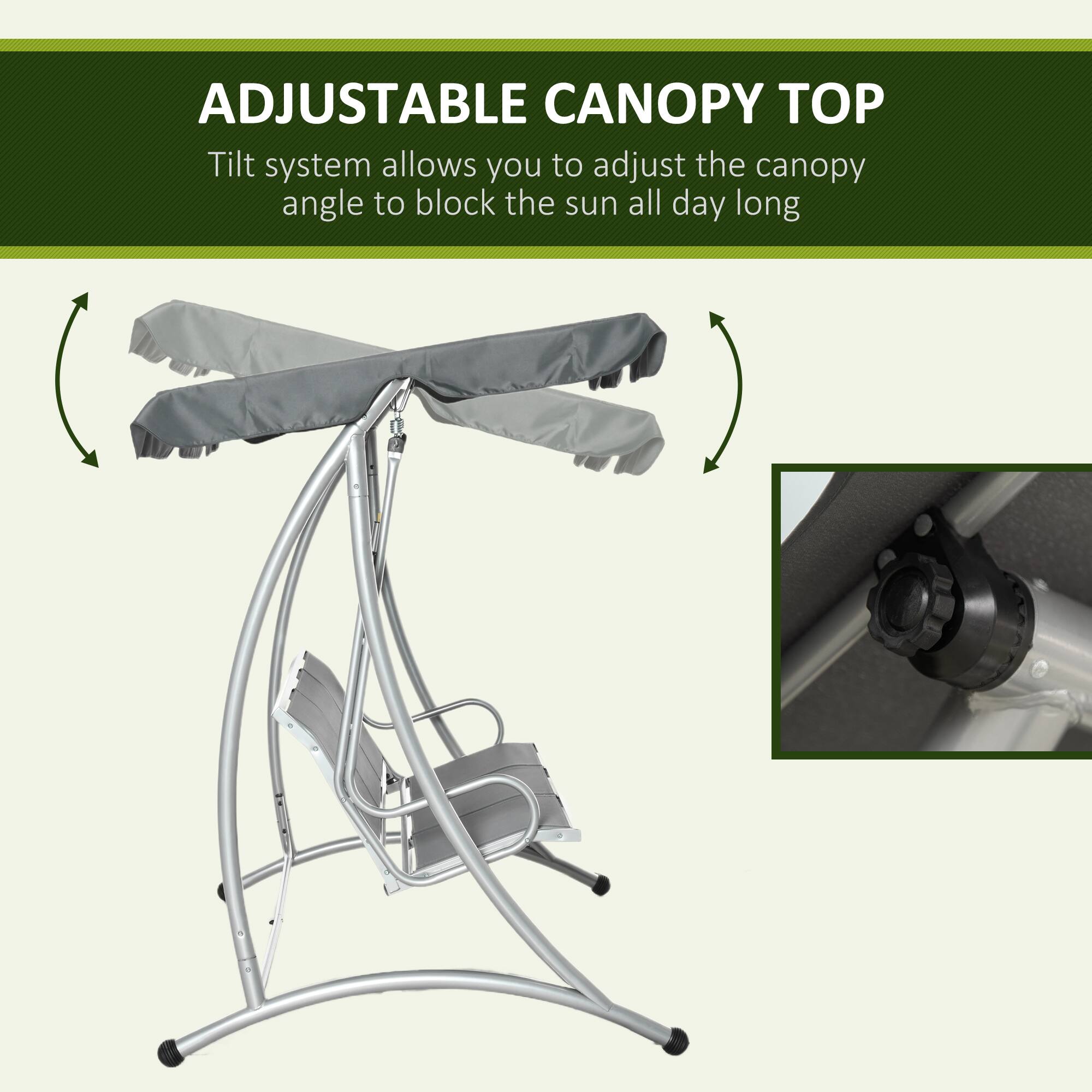 ADJUSTABLE CANOPY TOP
Tilt system allows you to adjust the canopy angle to block the sun all day long