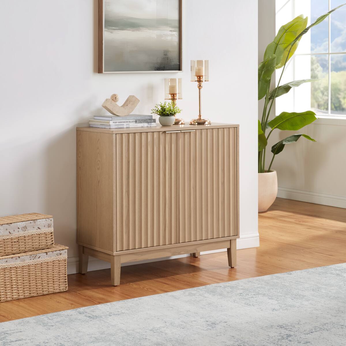 Front. APRILSOUL - Fluted Accent Cabinet with Brass Handles Natural Wood Finish - Natural Ash.