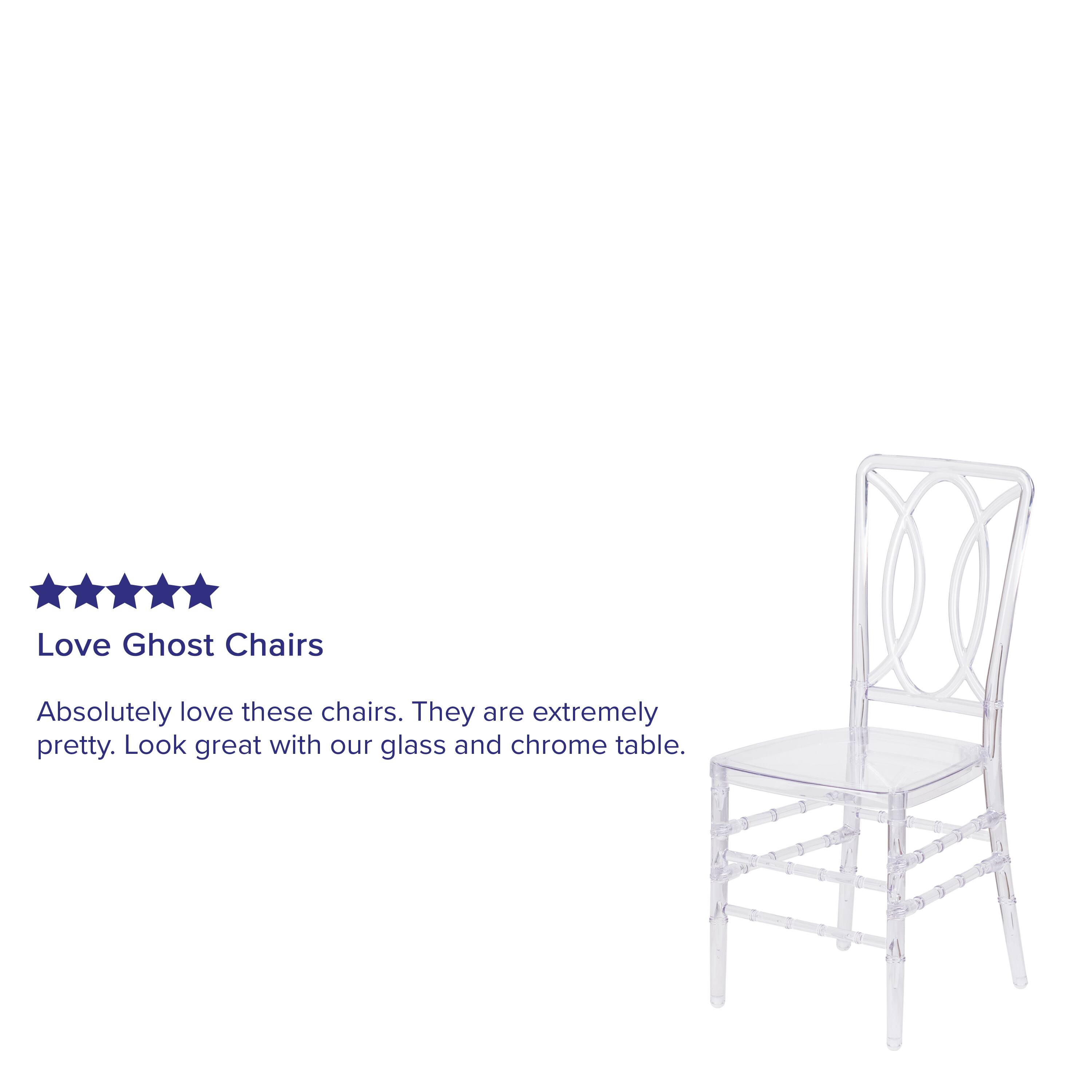 Love Ghost Chairs

Absolutely love these chairs. They are extremely pretty. Look great with our glass and chrome table.