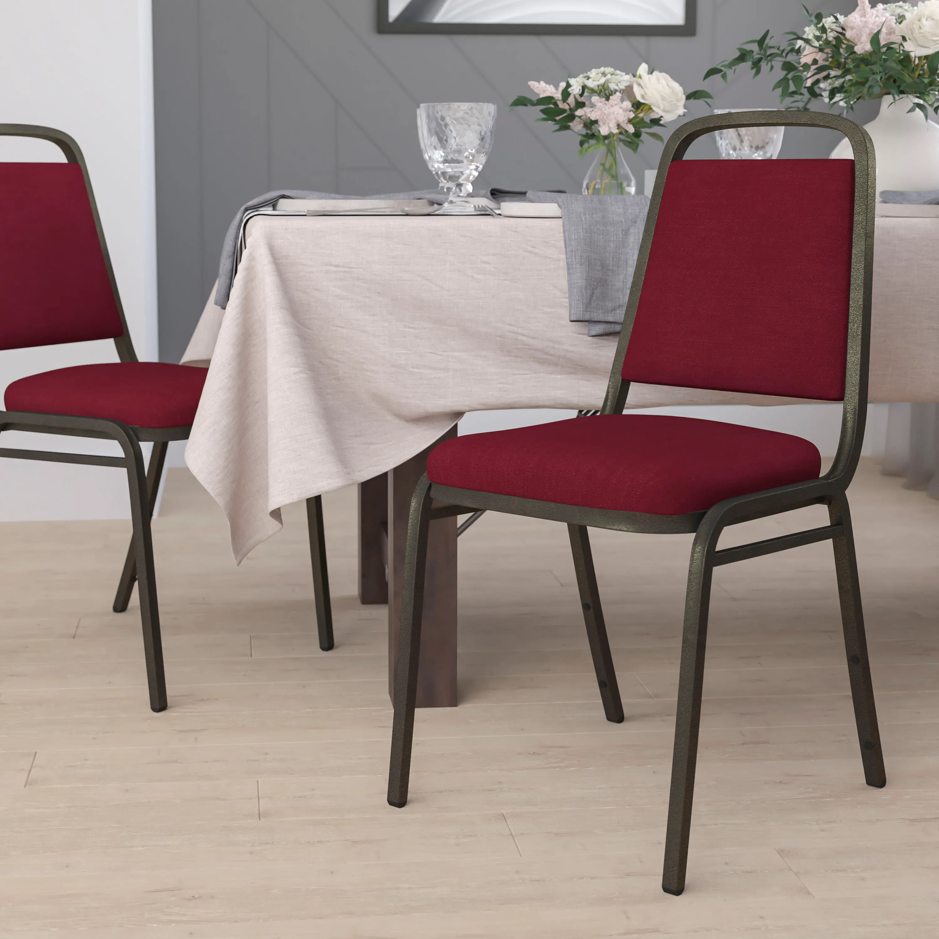 Alt View 1. Emma + Oliver - Trapezoidal Back Stacking Banquet Dining Chair - 1.5" Thick Seat - Burgundy Fabric/Gold Vein Frame.