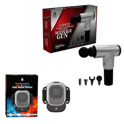 Sure, here is the corrected and grouped text from the image:
---
**6 SPEED CORDLESS PROFESSIONAL MASSAGE GUN**
- 4 Powerful Massage Heads
- Rechargeable
- Hot & Cold Pain Relief Device
**Features:**
- Round Head
- Flat Head
- Ball Head
- Bullet Head
**Rechargeable Hot & Cold Pain Relief Device**
- Heat Massaging
- Cold Massaging
- Speed Recovery
---
This text includes the key features and descriptions from the image.