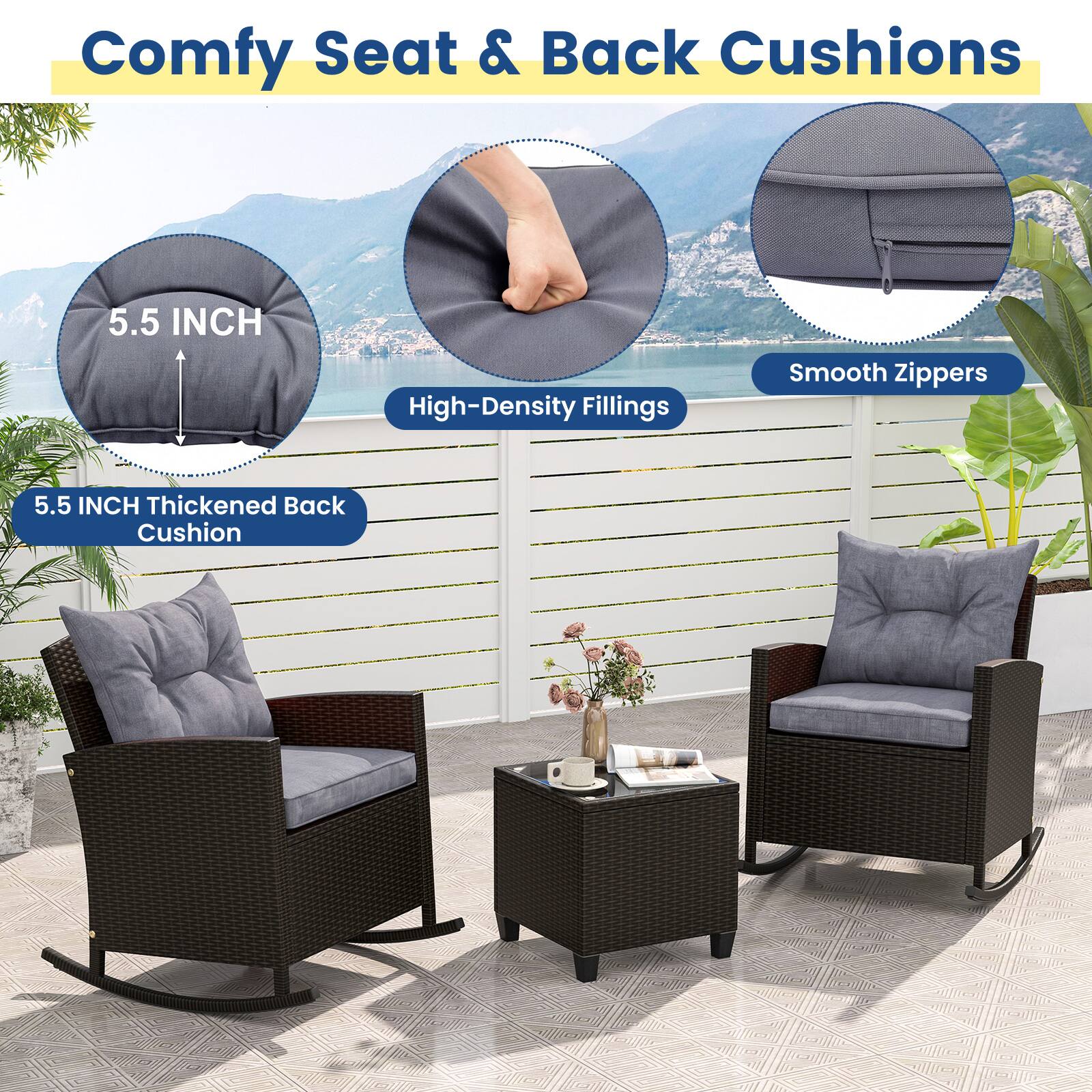 Comfy Seat & Back Cushions

5.5 INCH
High-Density Fillings
Smooth Zippers
5.5 INCH Thickened Back Cushion