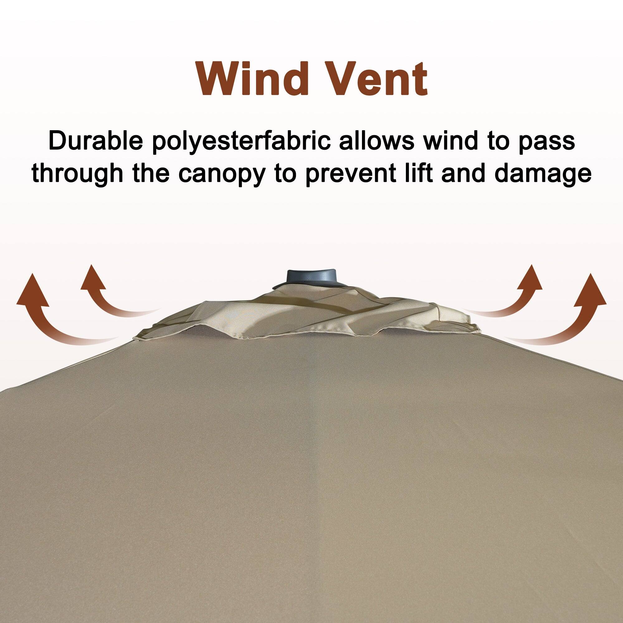 Wind Vent

Durable polyester fabric allows wind to pass through the canopy to prevent lift and damage.