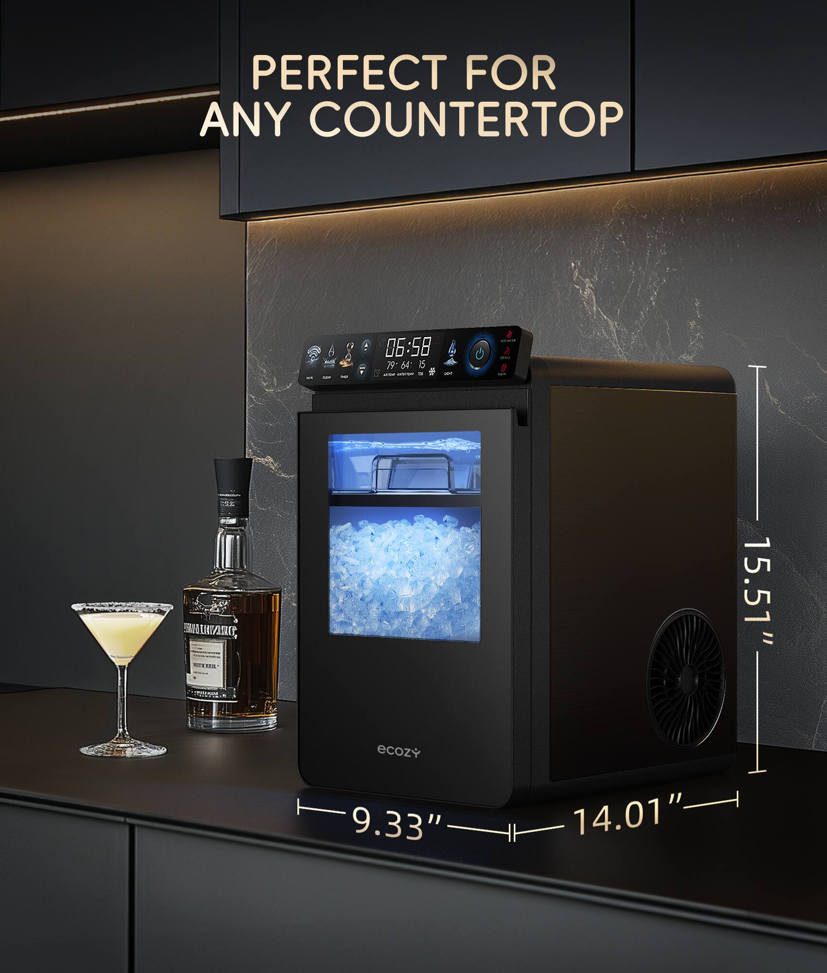 PERFECT FOR ANY COUNTERTOP

06:58
79 79-64 64

15.51"
ecozy
9.33"
14.01"