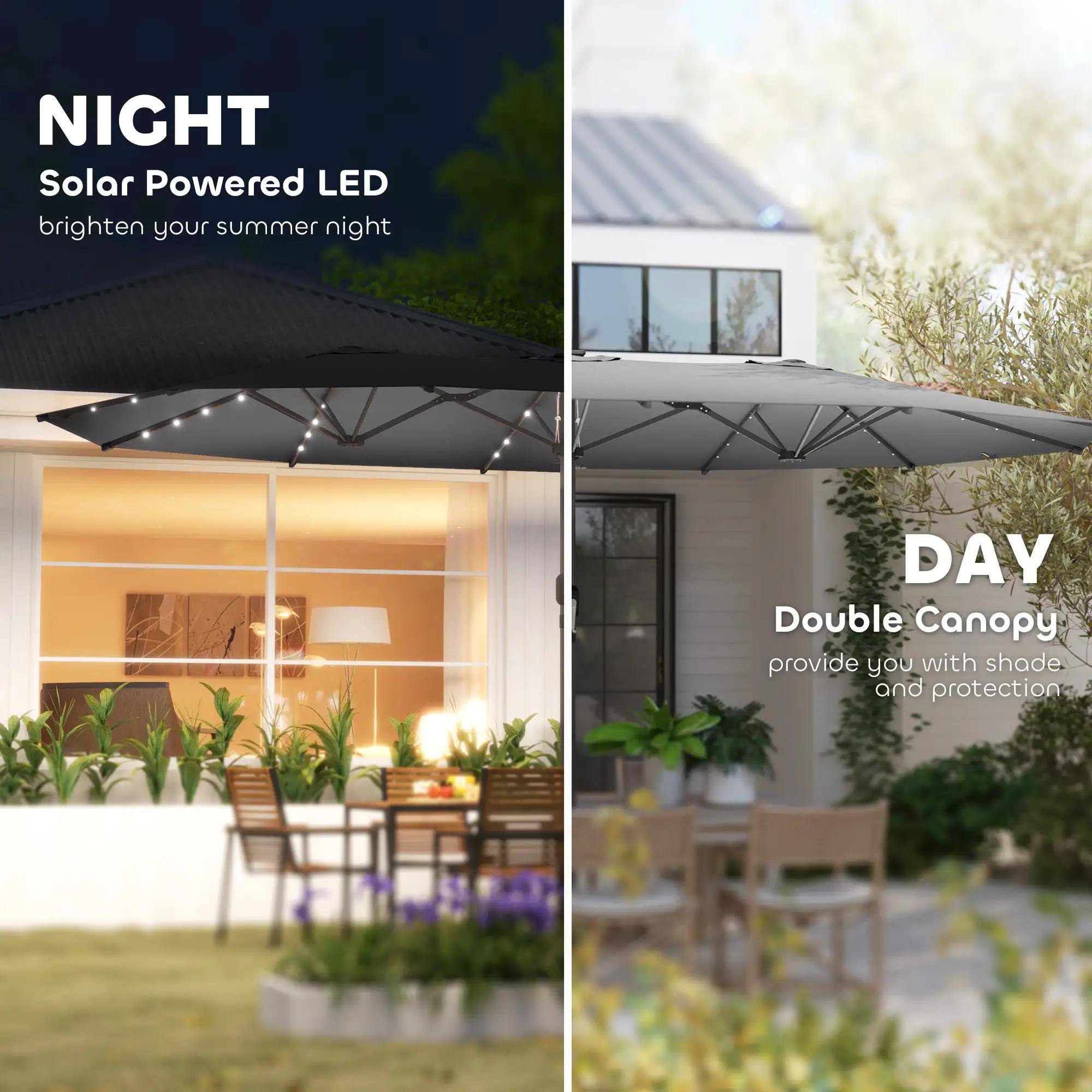NIGHT  
Solar Powered LED  
brighten your summer night  

DAY  
Double Canopy  
provide you with shade and protection