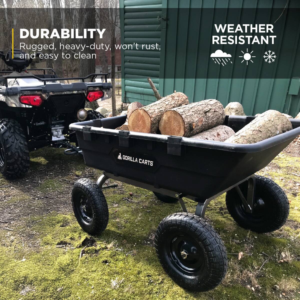 DURABILITY  
Rugged, heavy-duty, won't rust, and easy to clean  

WEATHER RESISTANT  

GORILLA CARTS
