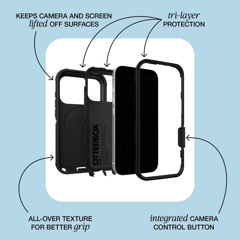 - Keeps camera and screen lifted off surfaces
- Tri-layer protection
- Otterbox all-over texture for better grip
- Integrated camera control button
