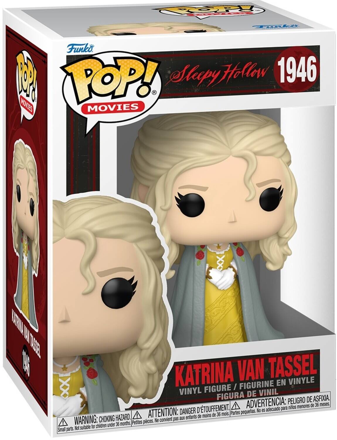Sure, here is the corrected and grouped text from the image:

---

**Top Left:**
- Funko POP! MOVIES

**Top Center:**
- Sleepy Hollow 1946

**Center:**
- Katrina Van Tassel

**Bottom Center:**
- VINYL FIGURE / FIGURINE EN VINYLE / FIGURA DE VINIL

**Bottom Left:**
- WARNING: CHOKING HAZARD. Small parts. Not suitable for children under 36 months.

**Bottom Center (in multiple languages):**
- ATTENTION: DANGER D'ÉTOUFFEMENT. Petite pièce. Ne convient pas aux enfants de moins de 36 mois.
- ADVERTENCIA: PESEGO DE ASFIXIA. Partes pequeñas. No es adecuado para niños menores de 36 meses.
- AVERTISSEMENT: PELIGRO DE ASFIXIA. Petite pièce. Ne convient pas aux enfants de moins de 36 mois.

**Bottom Right:**
- Funko

---