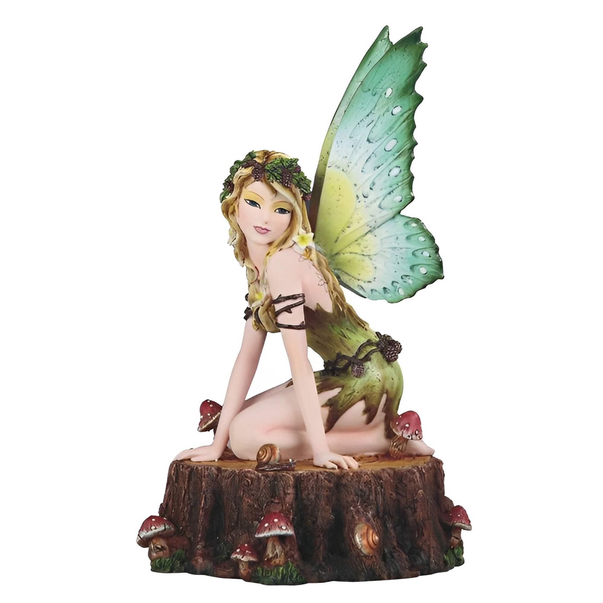 FC Design - 10"H Earth Fairy Sitting on Tree Trunk with Mushroom Figurine Statue Office Desk Tabletop Home Decor Gift - Multi-Color