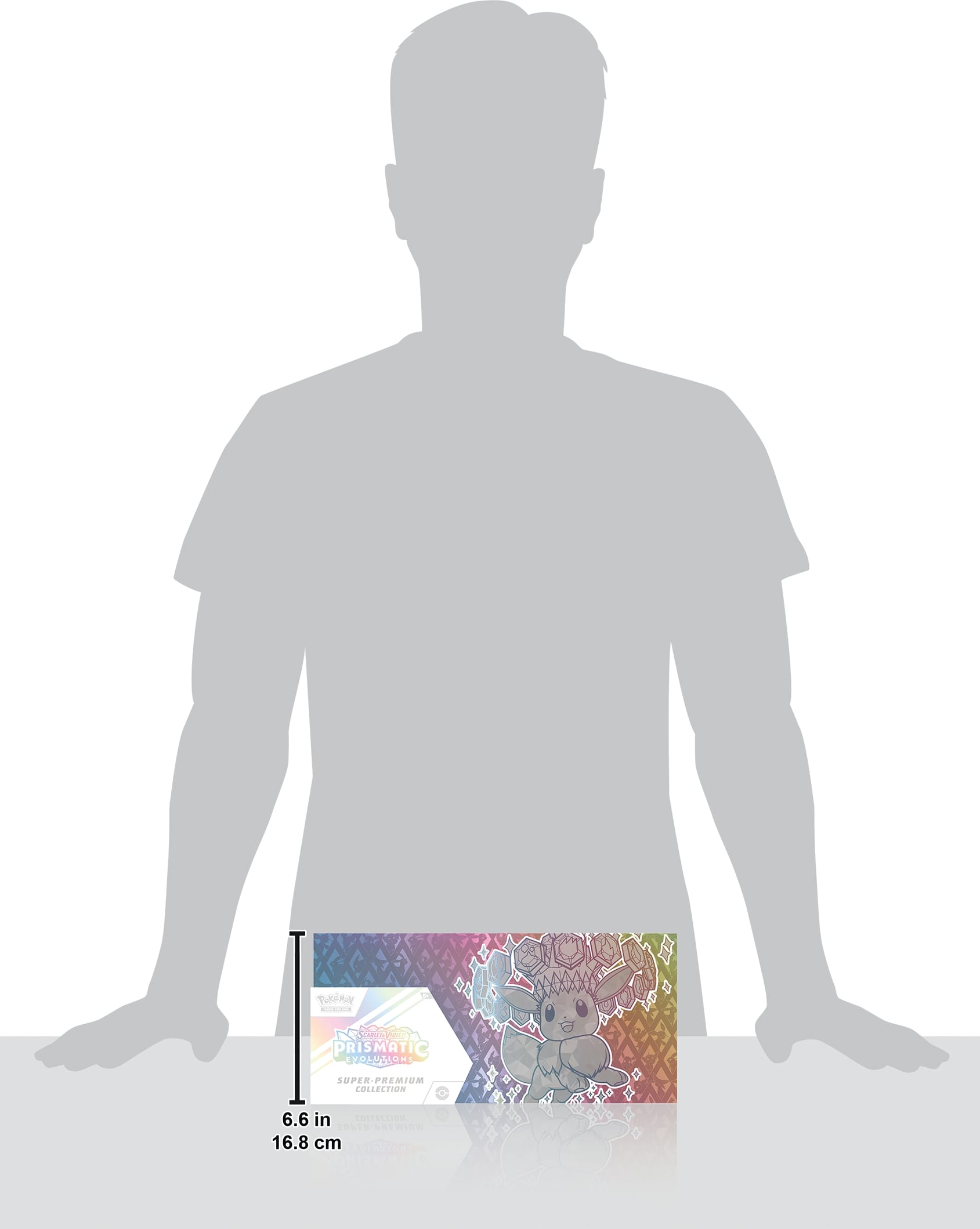 The image features a man standing next to a card that is 6.6 inches tall. The card is part of a super-premium collection and is described as being colorful and prismatic. The man is positioned in front of a white background, which further emphasizes the vibrant colors of the card.