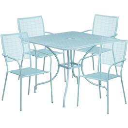 Emma + Oliver - Commercial Grade 35.5" Square Metal Garden Patio Table Set, 4 Square Back Chairs - Sky Blue