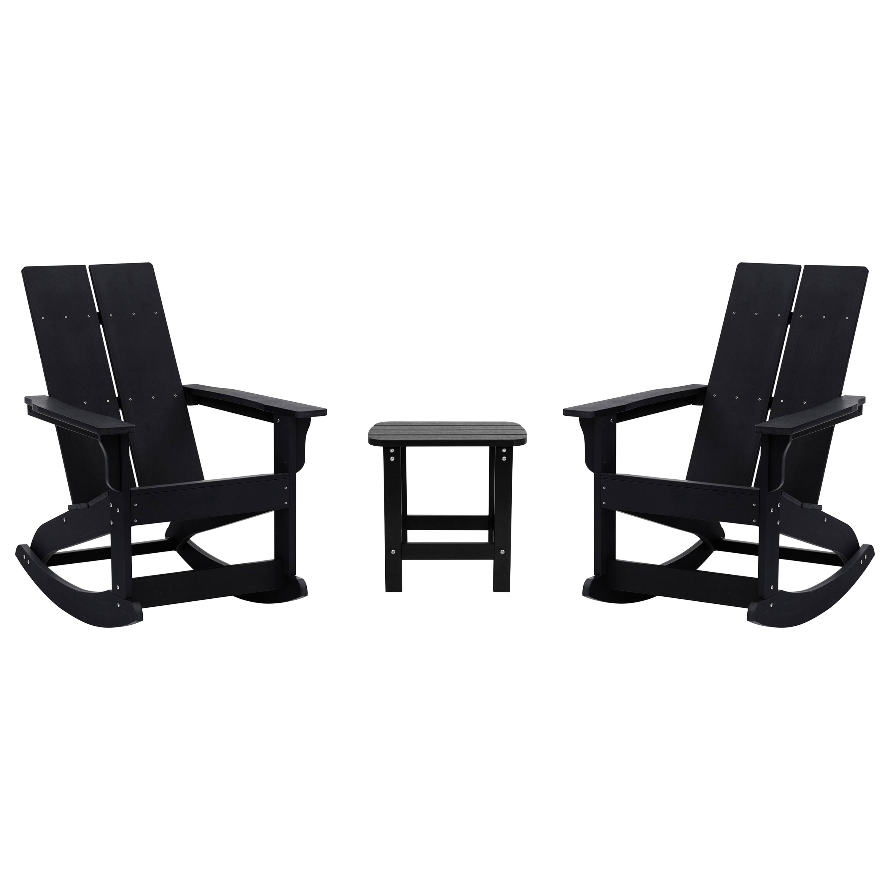 Front. Emma + Oliver - Set of 2 Harmon Modern All-Weather Poly Resin Adirondack Rocking Chairs with Side Table for Outdoor Use - Black.