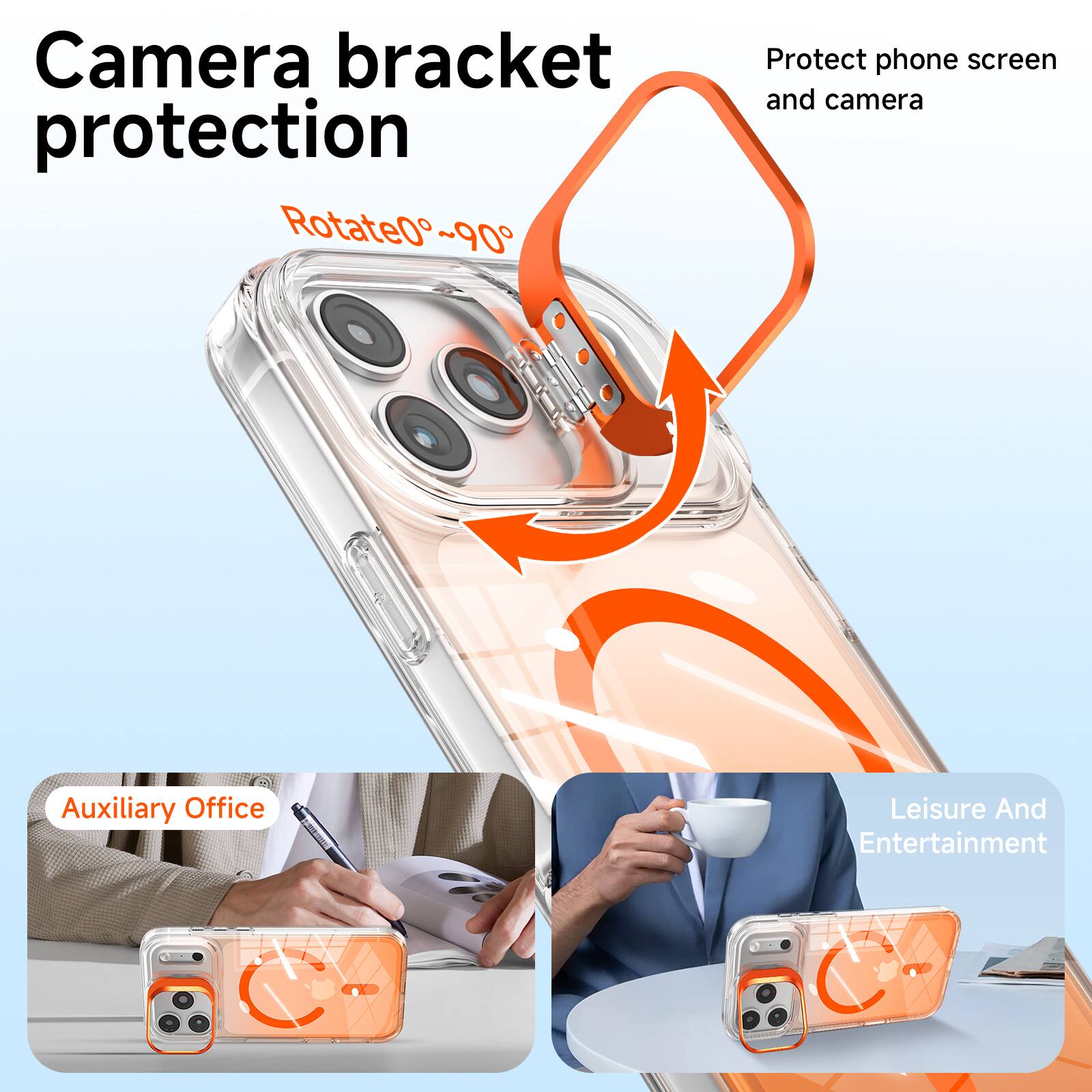 Camera bracket protection  
Rotate 0°~90°  
Protect phone screen and camera  
Auxiliary Office  
Leisure And Entertainment