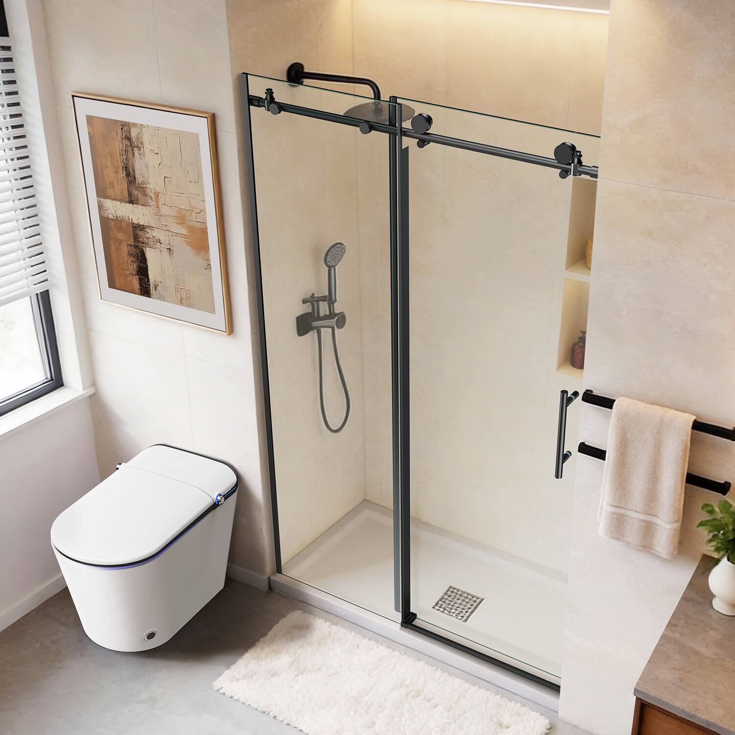 Left. Koligey - 44-48" W x 76 "H Semi-Frameless Sliding Shower Door-10 mmTempered Glass,Stainless Steel Anti-Rust Hardware - black.