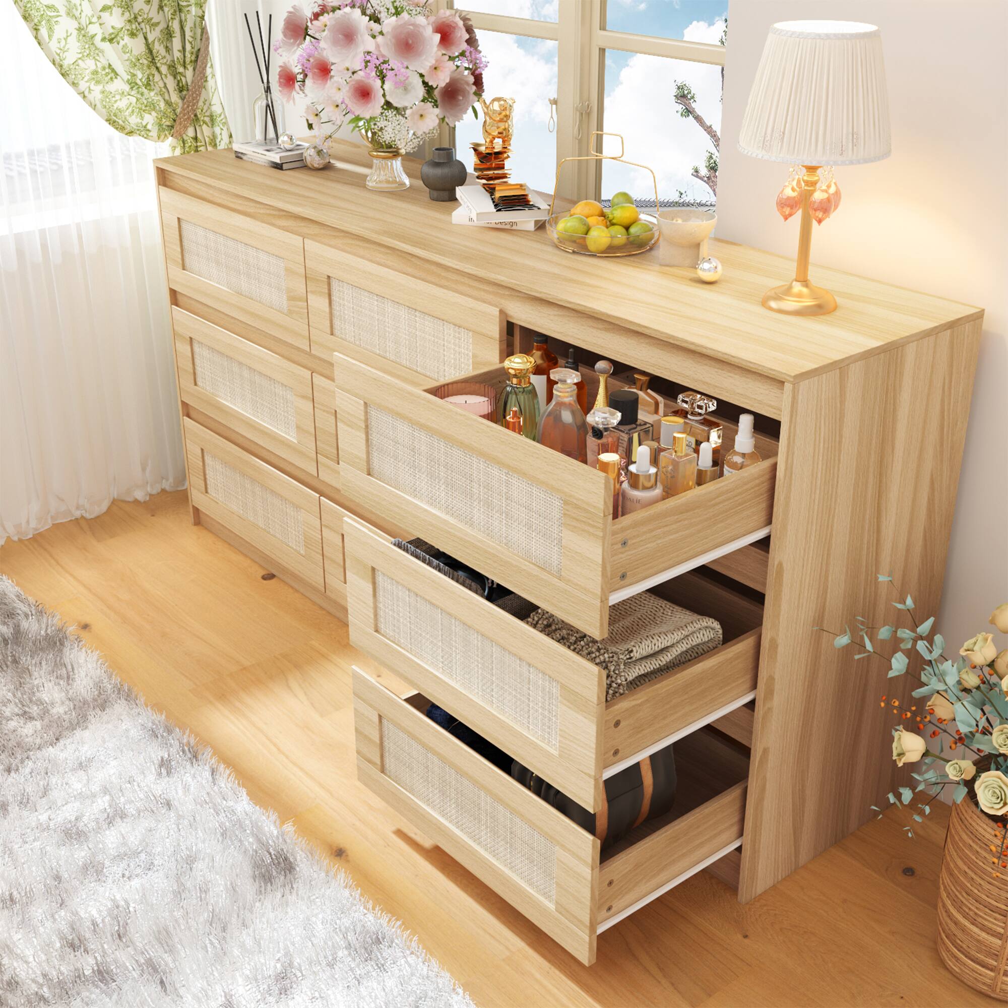 Alt View 4. Famapy - Famapy Rattan - Accented Dresser: Natural Wood - Style, Silent Slides, Multi - Scene Storage - Wooden.