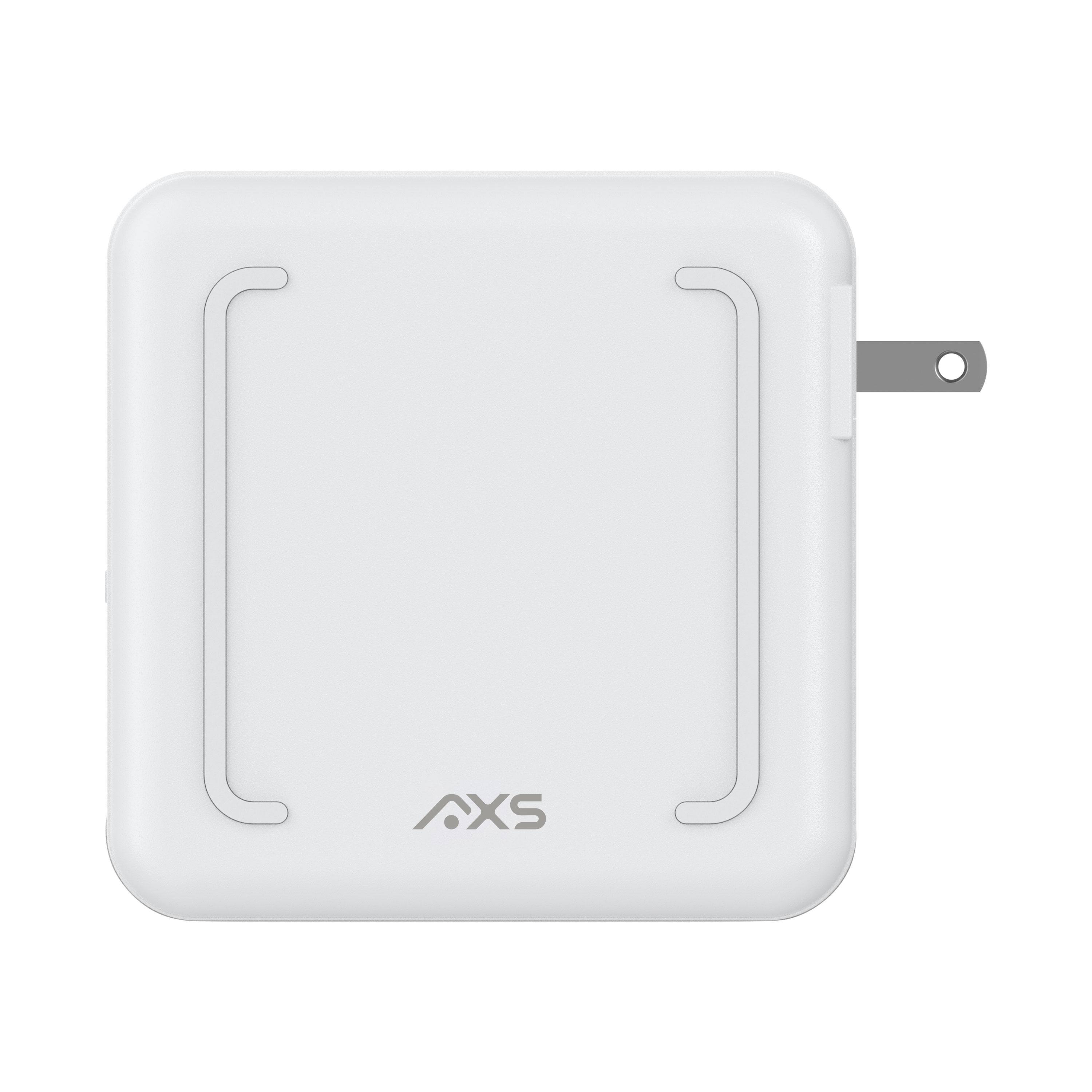 Left. AXS - 4-in-1 Travel Powerbank with Qi2 Wireless Charger - White.