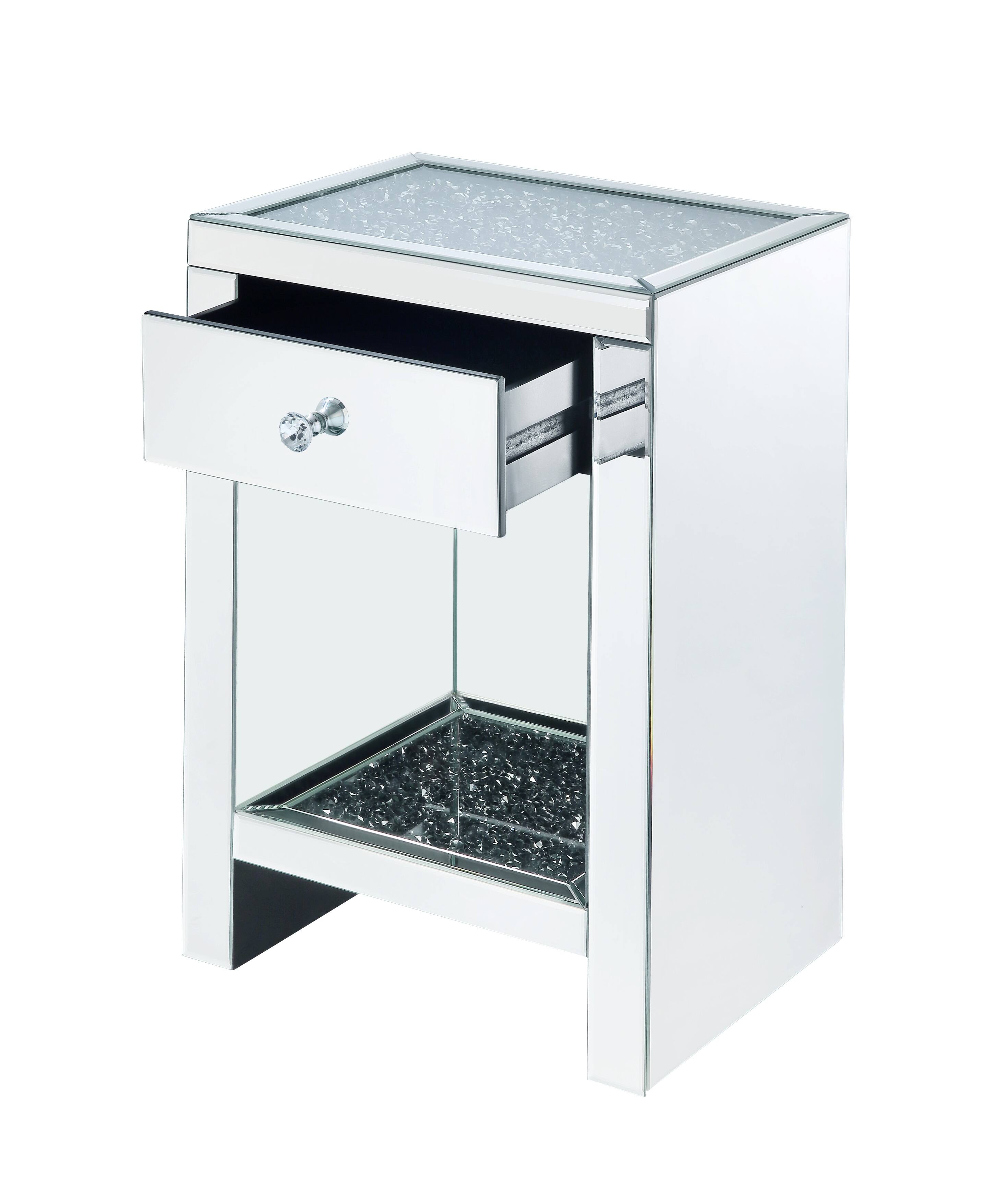 Alt View 1. Manhattan Lane - Mirrored Wooden Night Table with 1 Drawer and Bottom Shelf - Silver.