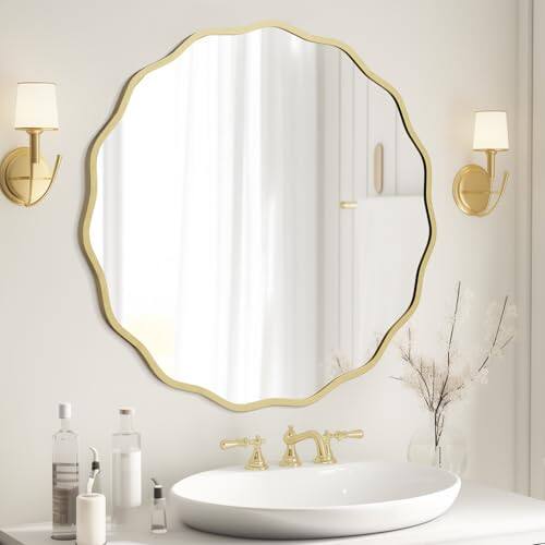 Comfort Essence - Round Wavy Mirror For Wall Decorative Modern Aluminum Frame Bathroom Bedroom Living Room Home House Offic - Gold-32"L x 32"W