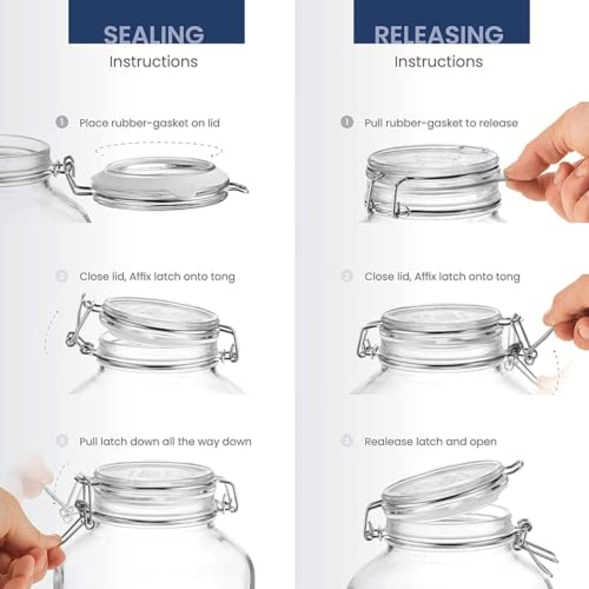 SEALING Instructions

1. Place rubber-gasket on lid
2. Close lid, Affix latch onto tong
3. Pull latch down all the way down

RELEASING Instructions

1. Pull rubber-gasket to release
2. Close lid, Affix latch onto tong
3. Release latch and open