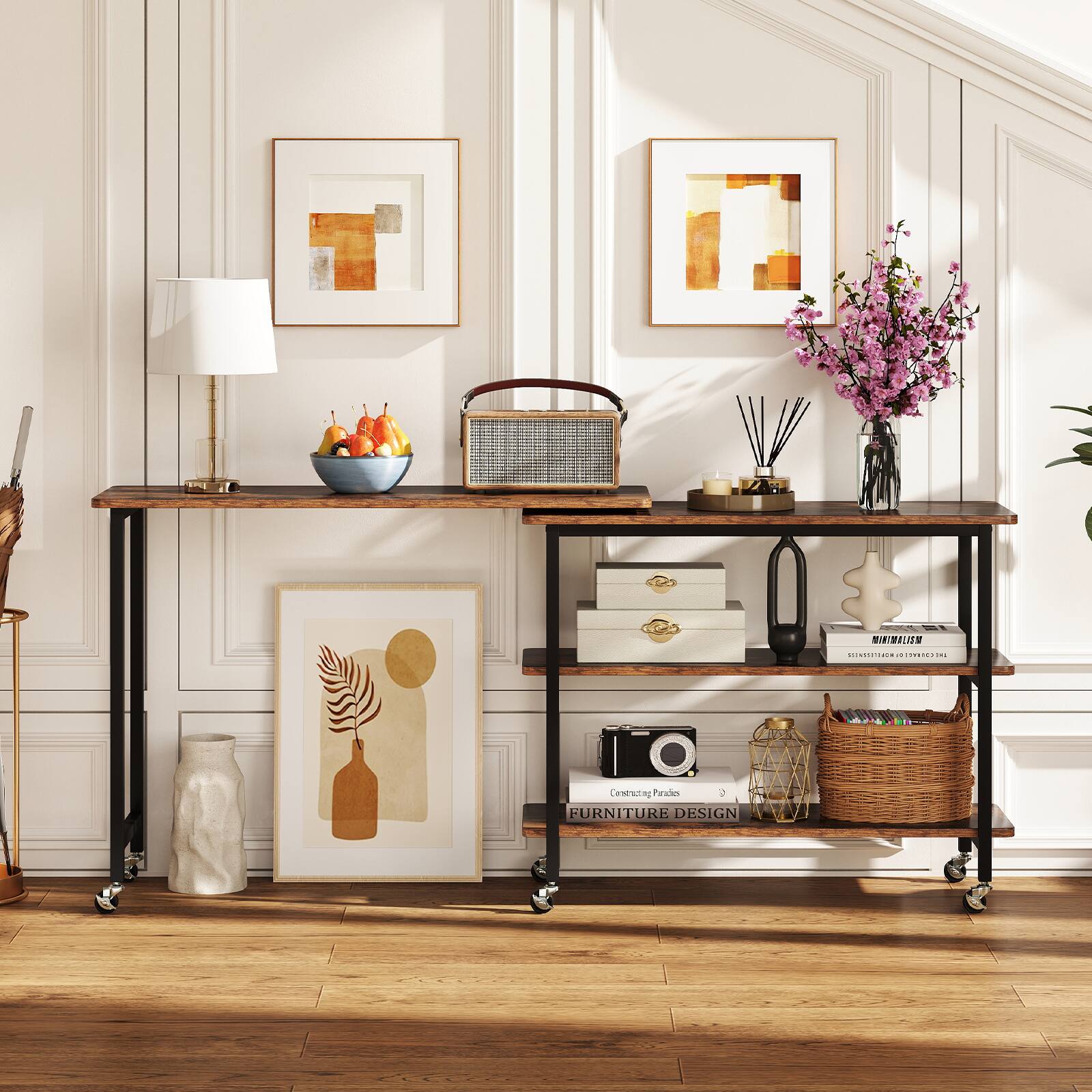 Certainly! Here is the corrected and grouped text from the image:

**Top Shelf:**
- "MINIMALISM"

**Middle Shelf:**
- "Constructing Paradise"
- "FURNITURE DESIGN"

**Bottom Shelf:**
- "MINIMALISM"
- "Constructing Paradise"
- "FURNITURE DESIGN"