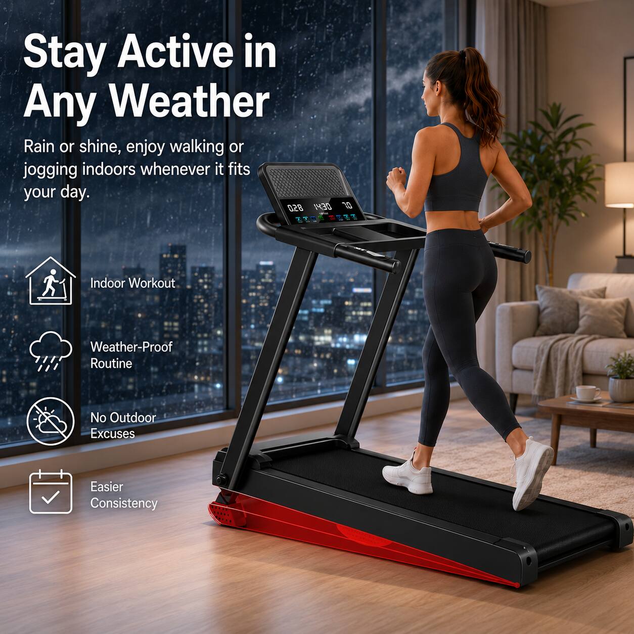 Stay Active in Any Weather

Rain or shine, enjoy walking or jogging indoors whenever it fits your day.

- Indoor Workout
- Weather-Proof Routine
- No Outdoor Excuses
- Easier Consistency
