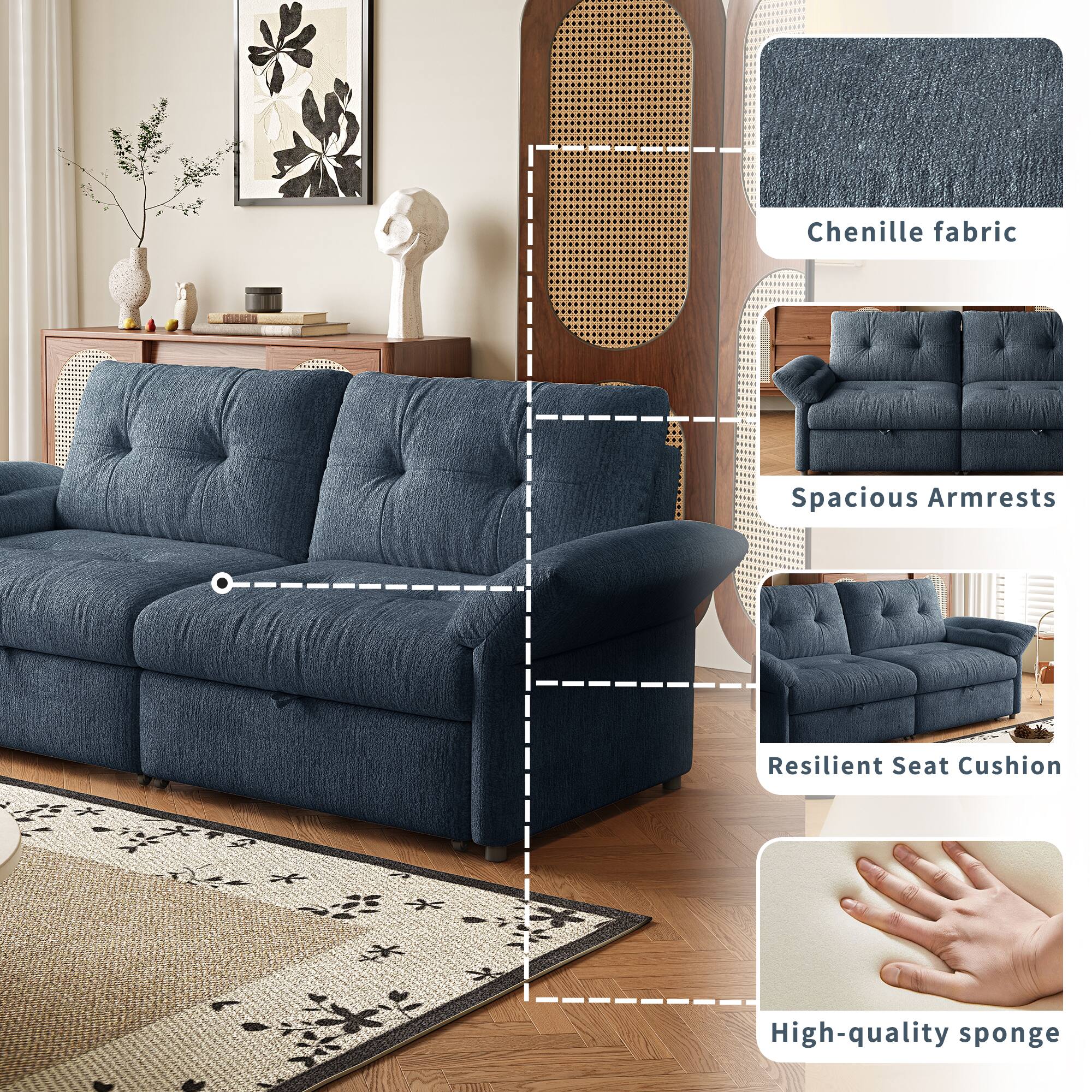 Chenille fabric  
Spacious Armrests  
Resilient Seat Cushion  
High-quality sponge