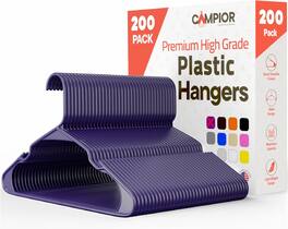 Campior - Plastic Hangers – 200-Pack, Heavy-Duty, Slim, Space-Saving, Non-Slip Notches, for Dresses, Suits, Jackets & More - Purple