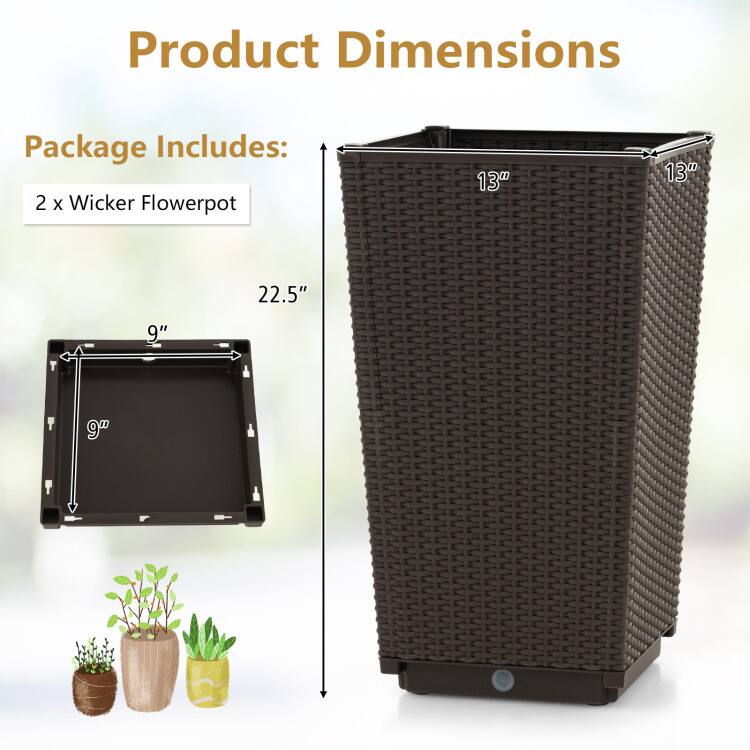 Product Dimensions

Package Includes: 2 x Wicker Flowerpot

Dimensions: 13" x 13" x 22.5"