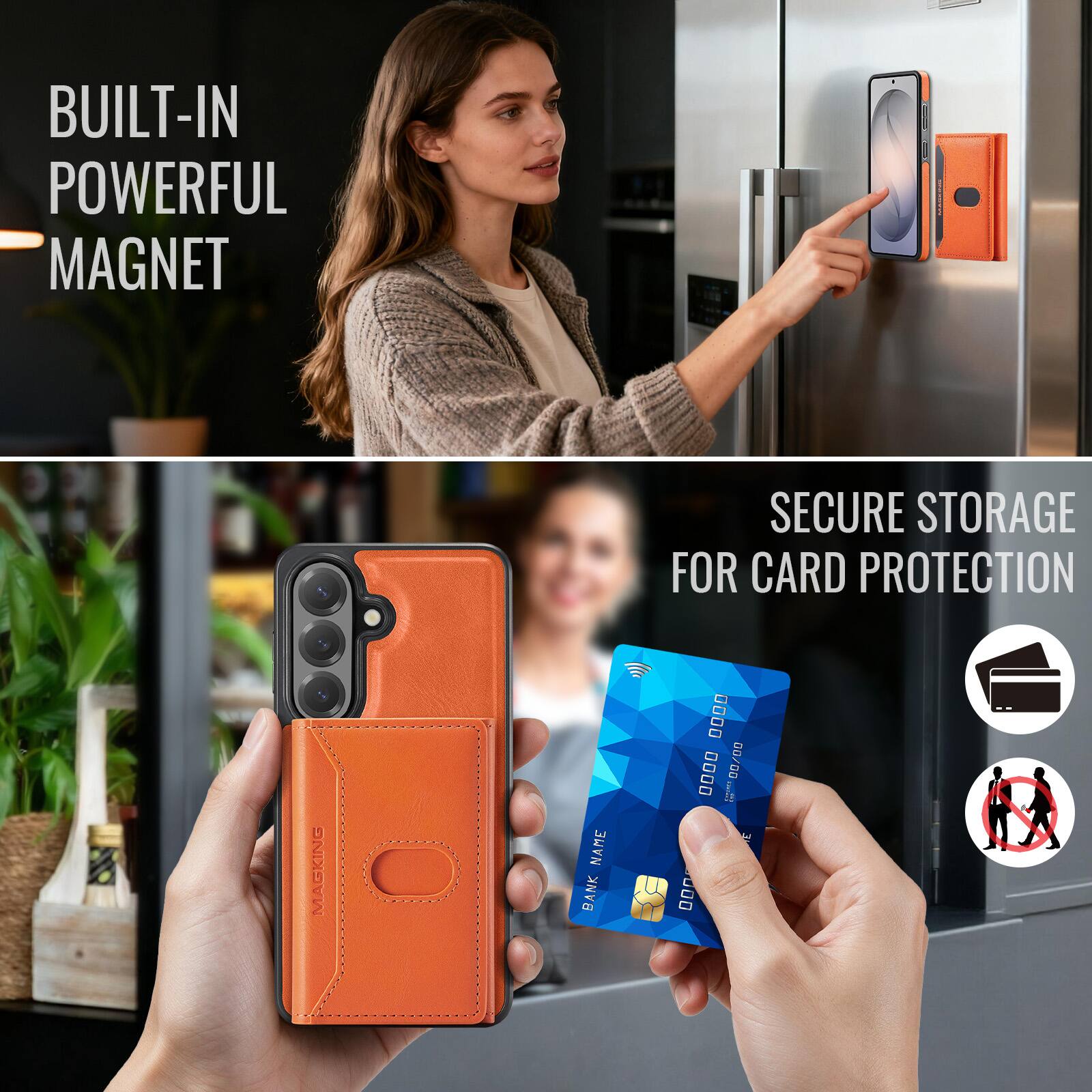 BUILT-IN POWERFUL MAGNET  
SECURE STORAGE FOR CARD PROTECTION  
MAGKING  
NAME BANK  
.... 0000 00/00 MONARES 3 000