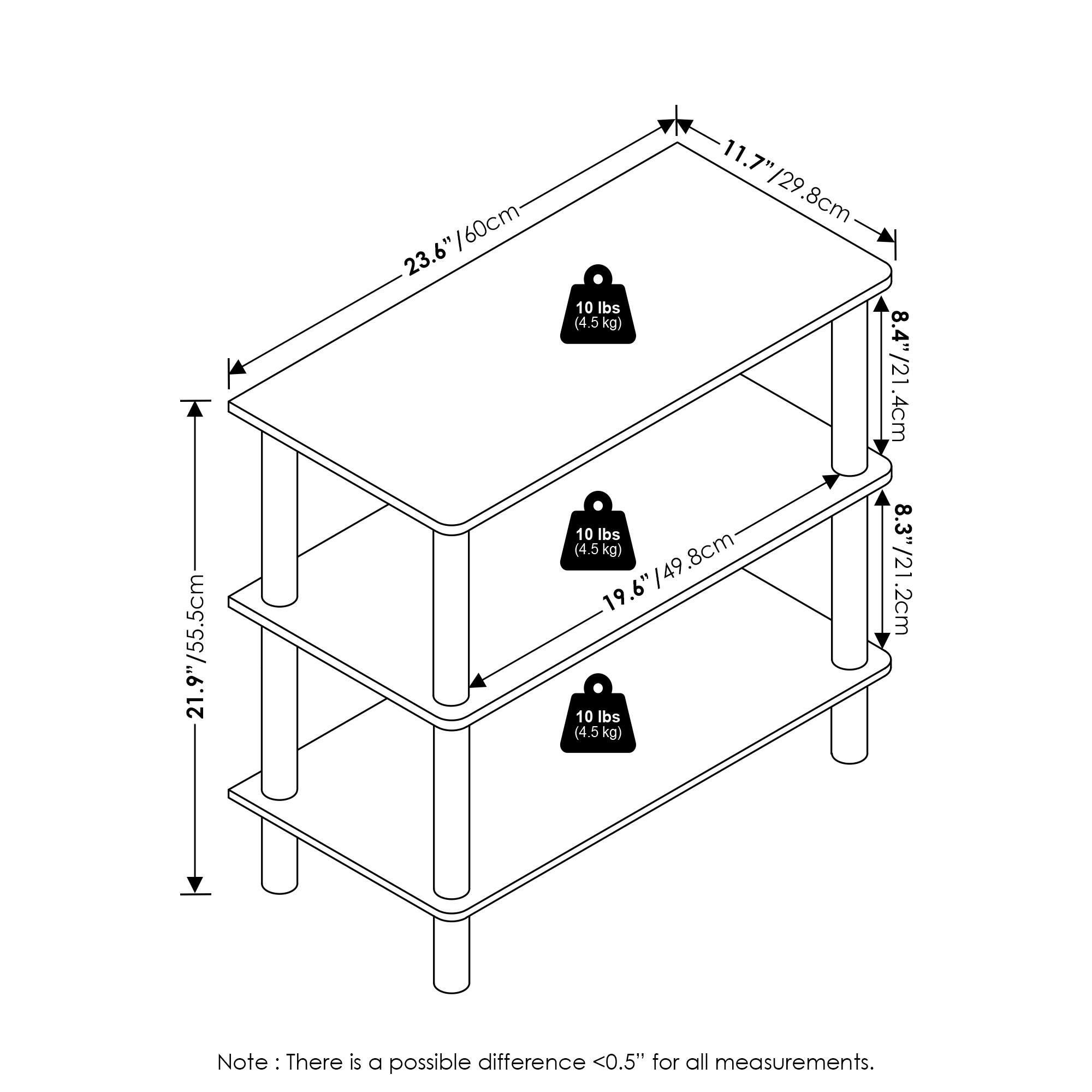 - 21.9" / 55.5cm
- 23.6" / 60cm
- 11.7" / 29.8cm
- 8.4" / 21.4cm
- 19.6" / 49.8cm
- 8.3" / 21.2cm
- 10 lbs (4.5 kg)
- Note: There is a possible difference <0.5" for all measurements.