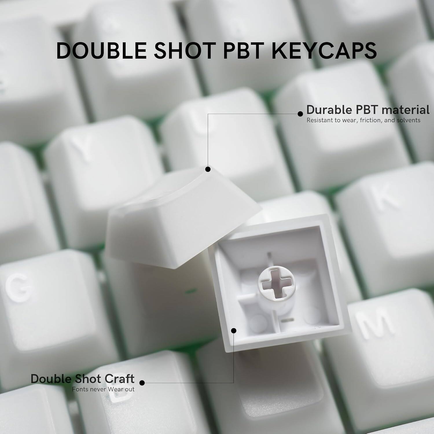 DOUBLE SHOT PBT KEYCAPS

- Durable PBT material
  - Resistant to wear, friction, and solvents

- Double Shot Craft
  - Fonts never wear out