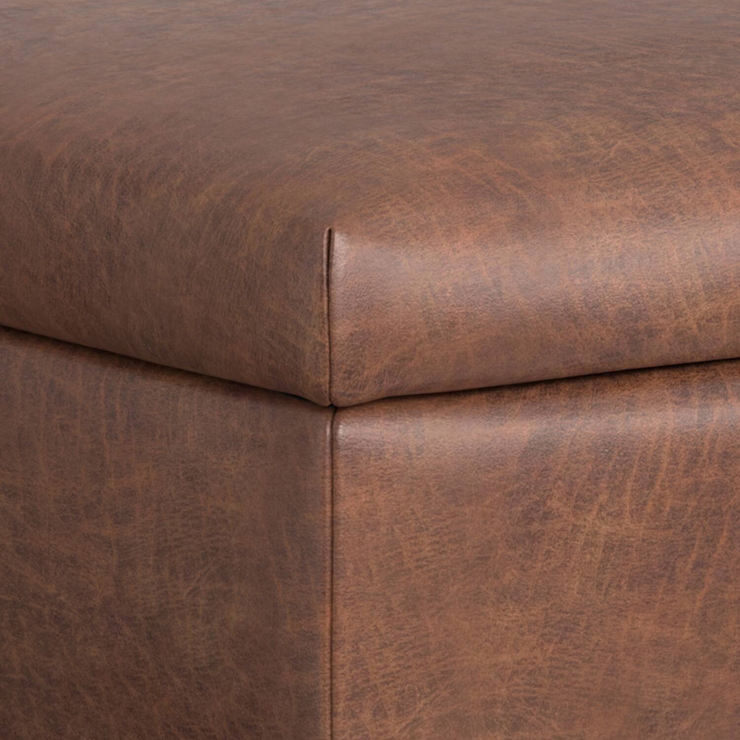 Alt View 6. Simpli Home - Rebecca 48 inch Mid Century Modern Storage Ottoman with Lift up Lid in Distressed Saddle Brown Faux Leather, Assembled - Distressed Saddle Brown.