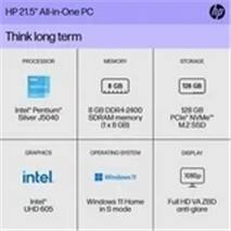 HP 21.5" All-in-One PC

Think long term

**Processor:**
Intel® Pentium® Silver J5040

**Memory:**
8 GB DDR4-2400 SDRAM memory (1 x 8 GB)

**Storage:**
128 GB PCIe/NVMe™ M.2 2280

**Graphics:**
Intel® UHD 605

**Operating System:**
Windows 10 Home in S mode

**Display:**
1920p Full HD VA 2380 with anti-glare