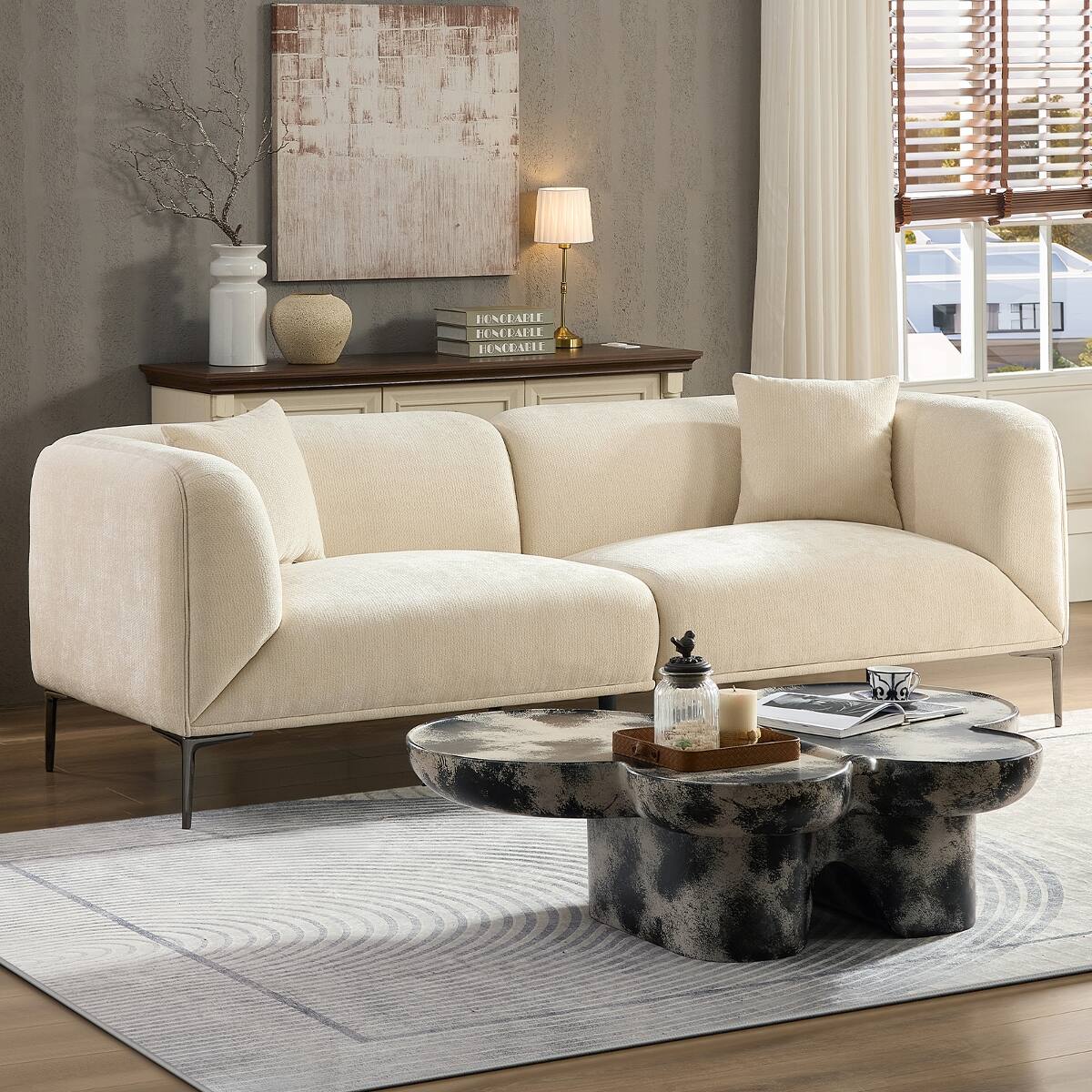 Ropilly modern beige 3 seater sofa, boucle fabric sofa with curved arms ...