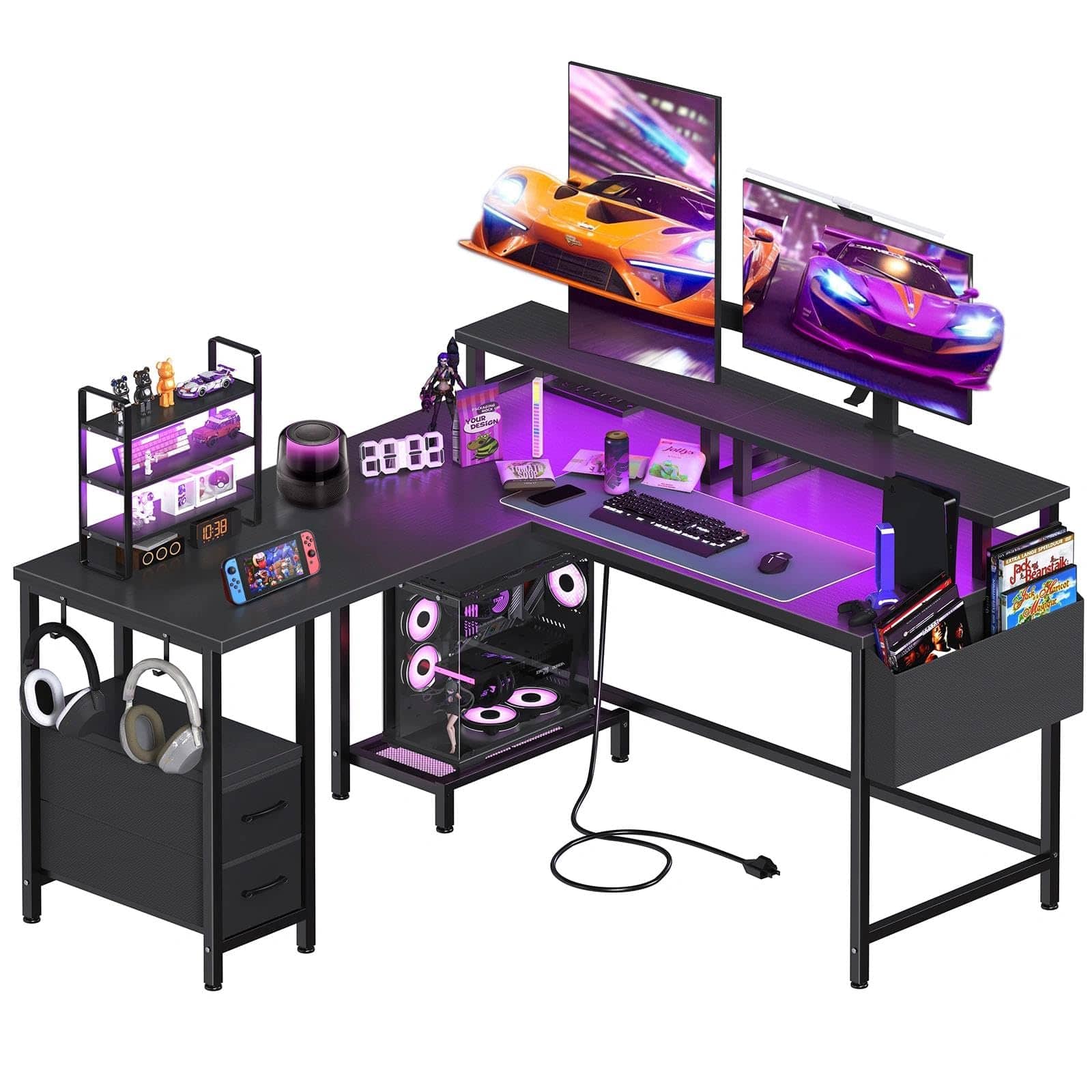 Hirose Alice - Lufeiya L Shaped Gaming Desk with Led Lights and Power Outlets, nch Corner Home Office Desk with Monitor St - Default