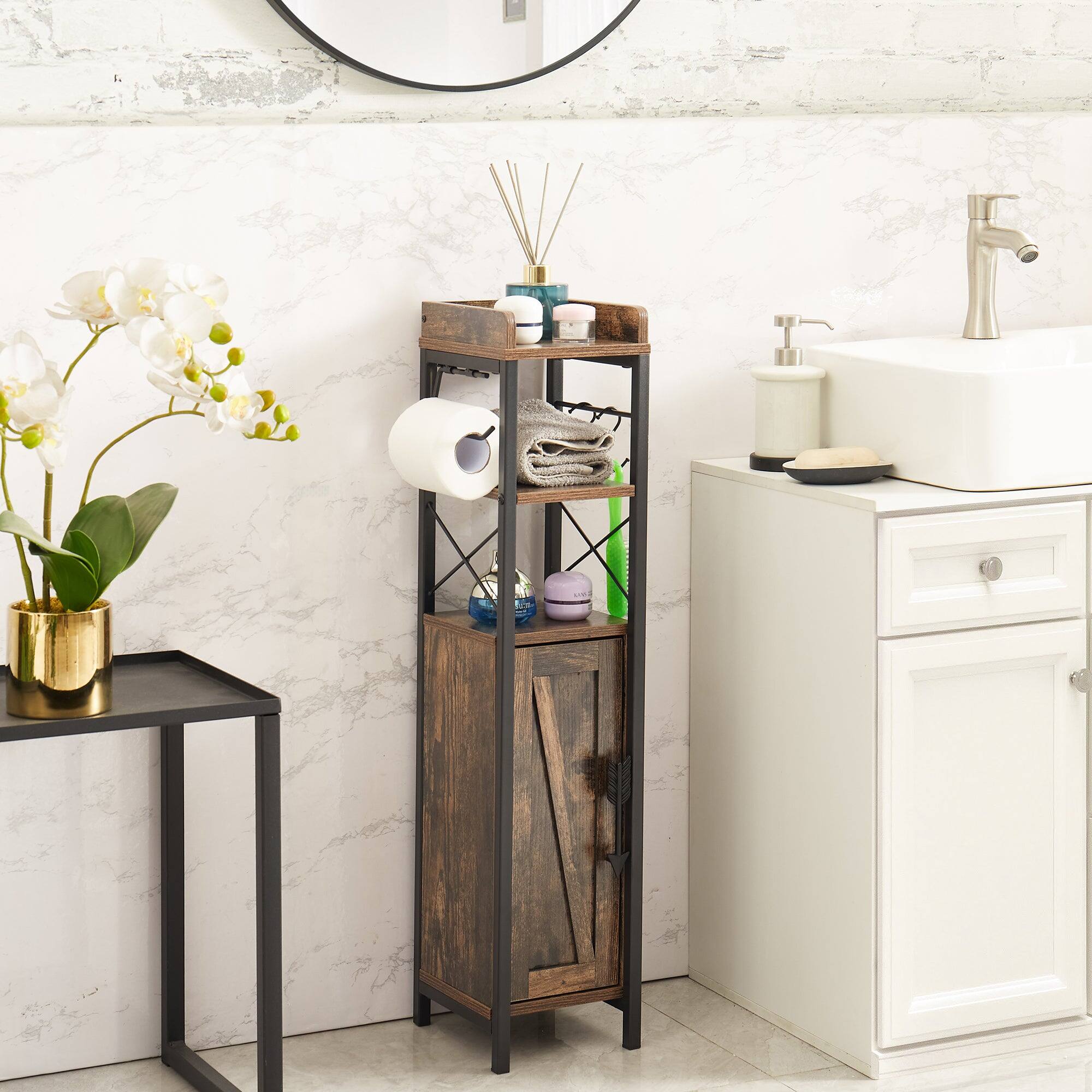 Alt View 3. Vecelo - 4-in-1 Bathroom Storage Cabinet with Toilet Paper Holder - Slim Toilet Organizer, Towel Rack & Enclosed Storage - Brown.