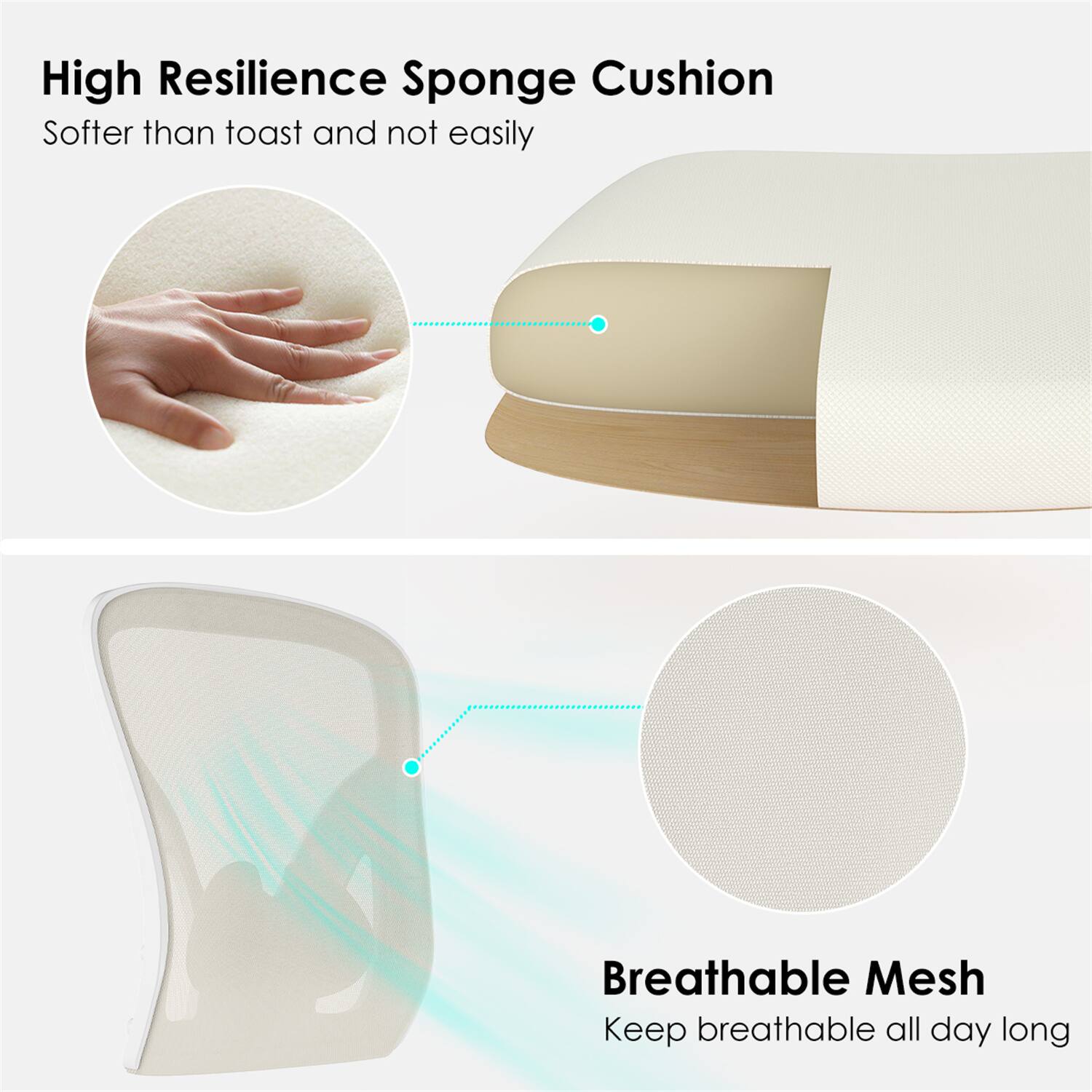 High Resilience Sponge Cushion  
Softer than toast and not easily  

Breathable Mesh  
Keep breathable all day long