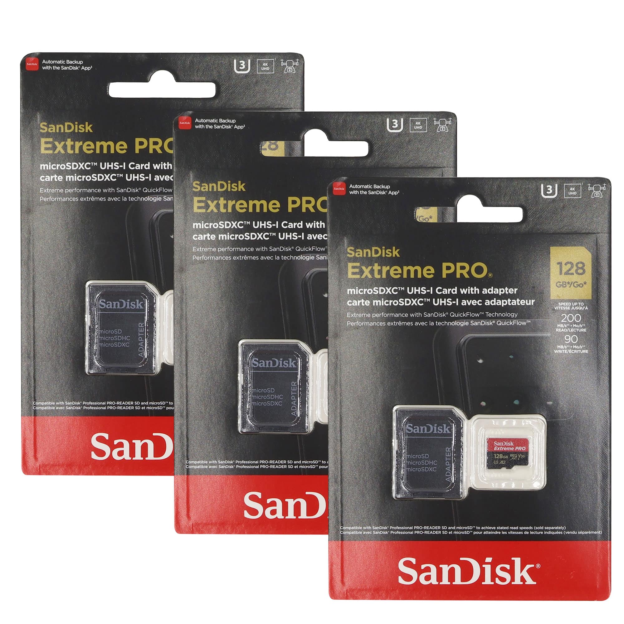 3x Sandisk 128GB Extreme Pro UHS-I Micro SD Up to 200MB/s Read 90MB/s Write