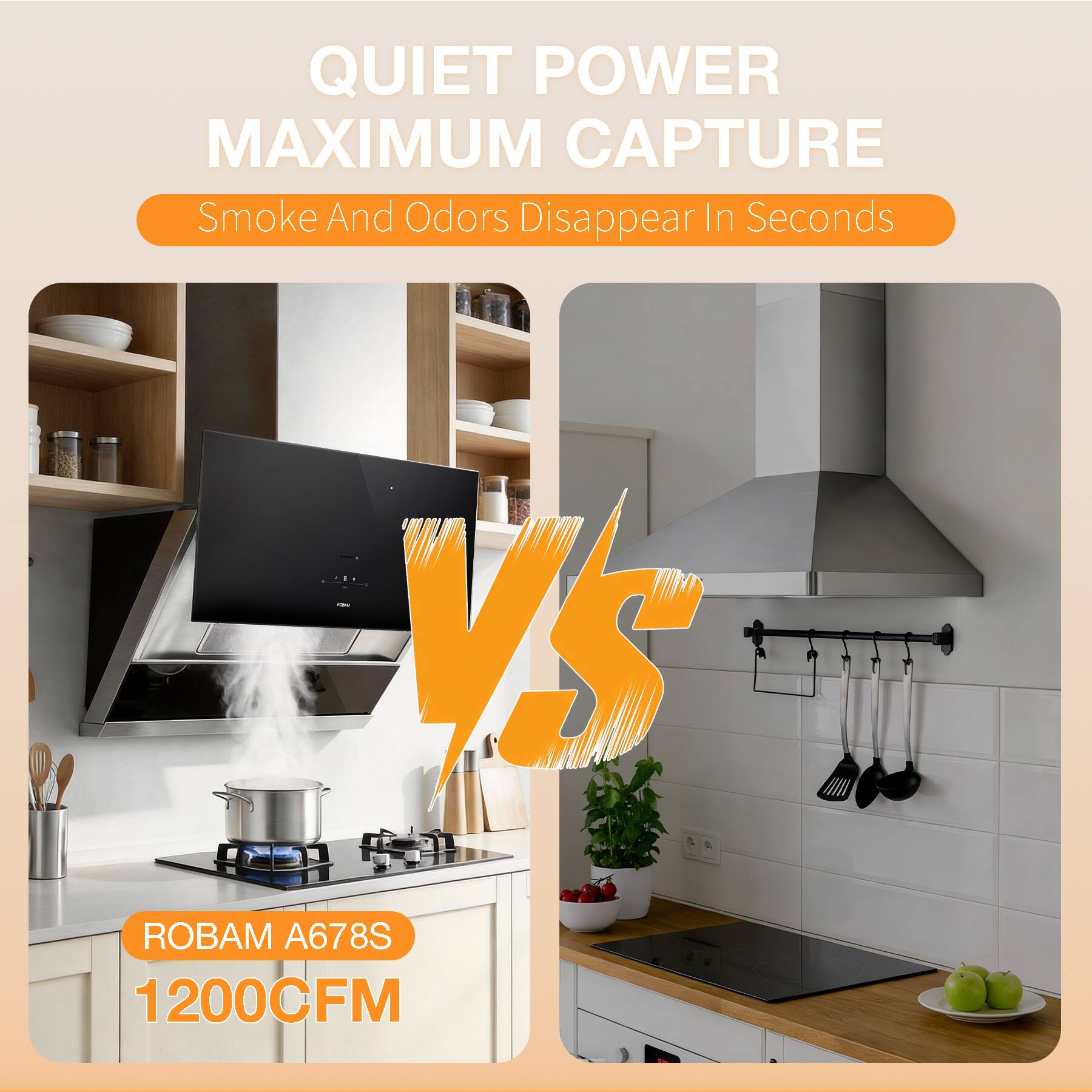 QUIET POWER  
MAXIMUM CAPTURE  
Smoke And Odors Disappear In Seconds  

VS  

ROBAM A678S  
1200CFM
