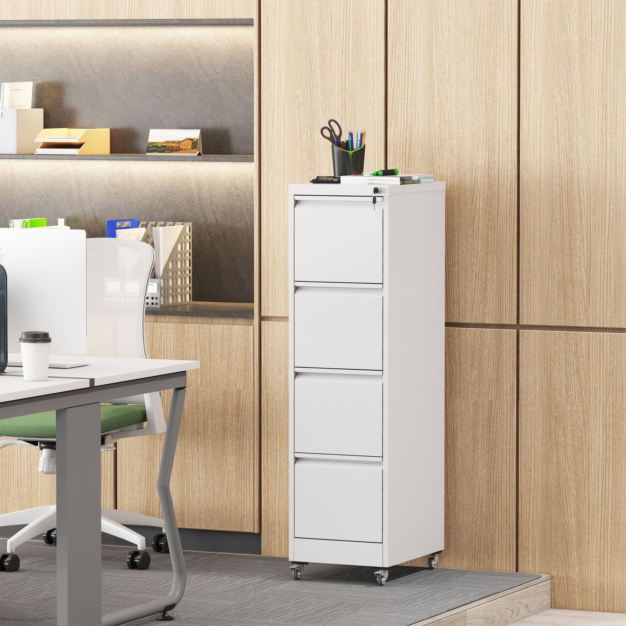 Angle. Mirfee - 4-Drawer Locking Vertical File Cabinet on Wheels, Heavy-Duty - White.