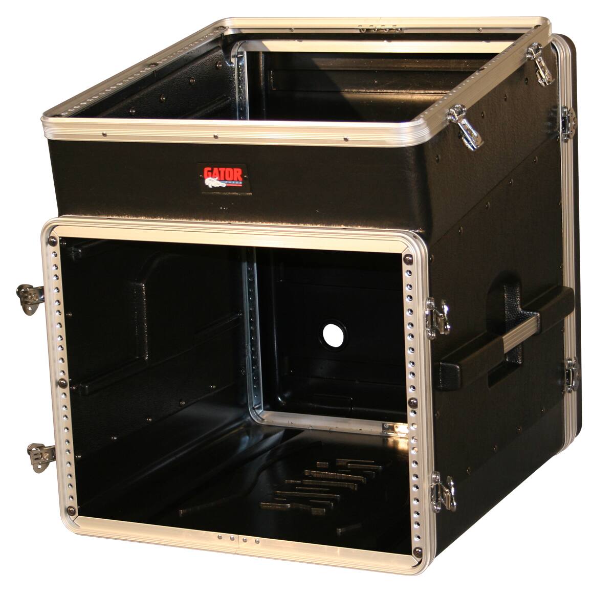 Angle. Gator - 10U Top, 8U Bottom Slant Top Console Rack Case, Molded Polyethylene, Rear Wire Access.