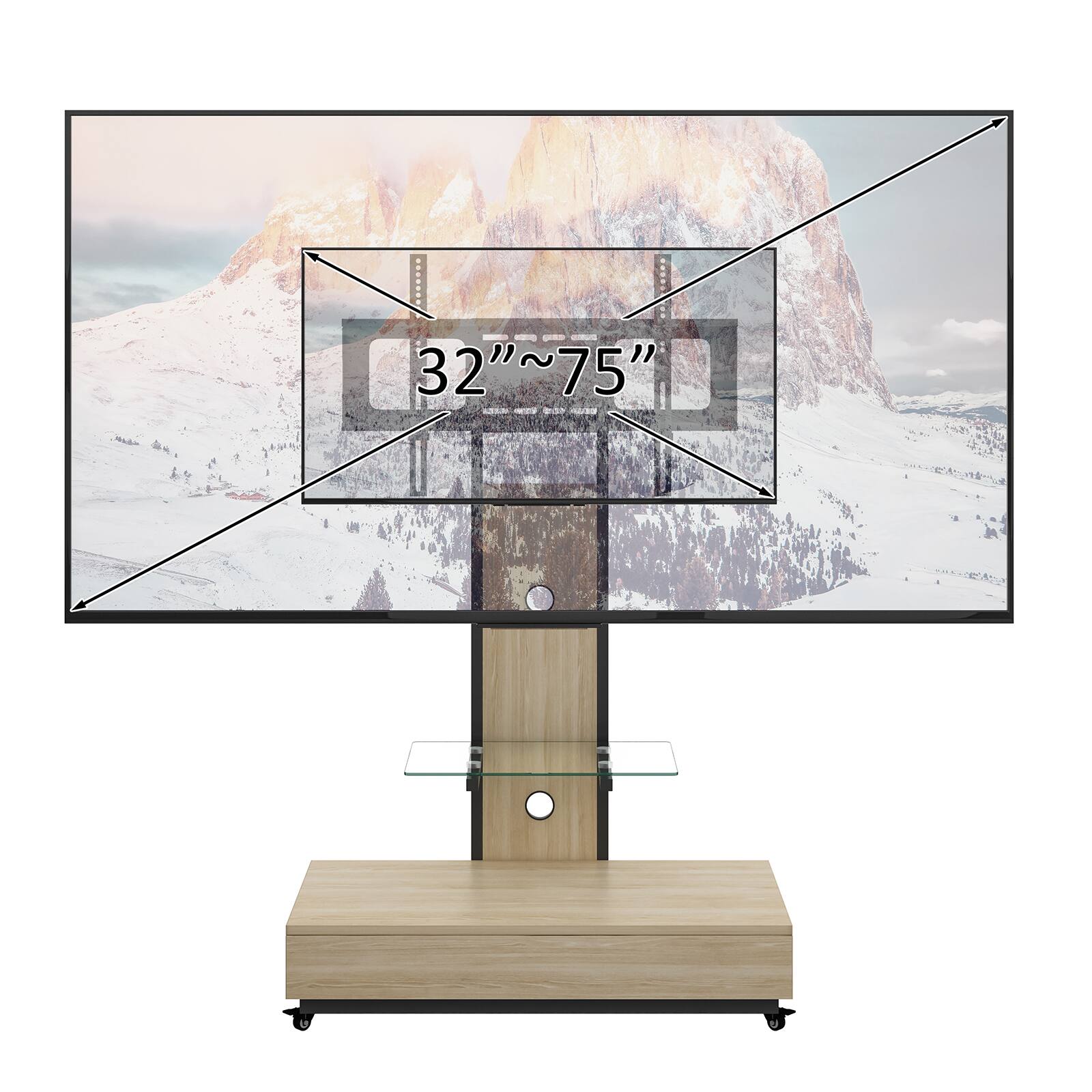 Alt View 8. Chateau Abodes - Mobile TV Stand Cart for 32-75 inch TVs with Push-Pull Drawer, Wood & Glass Design on Lockable Wheels - Natural.