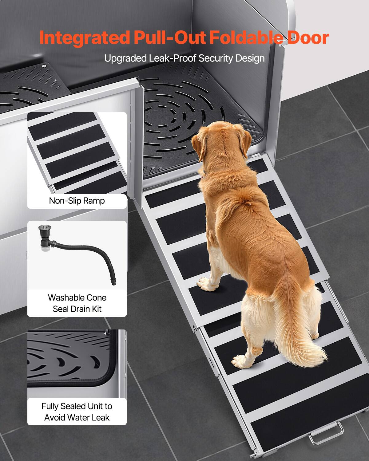 Integrated Pull-Out Foldable Door  
Upgraded Leak-Proof Security Design  

- Non-Slip Ramp  
- Washable Cone Seal Drain Kit  
- Fully Sealed Unit to Avoid Water Leak