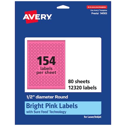 Go to avery.com/templates
AVERY
Use Avery Template Presta 94503
154 labels per sheet
80 sheets
12320 labels
1/2" diameter Round
Bright Pink Labels
with Sure Feed Technology
for Laser/Inkjet