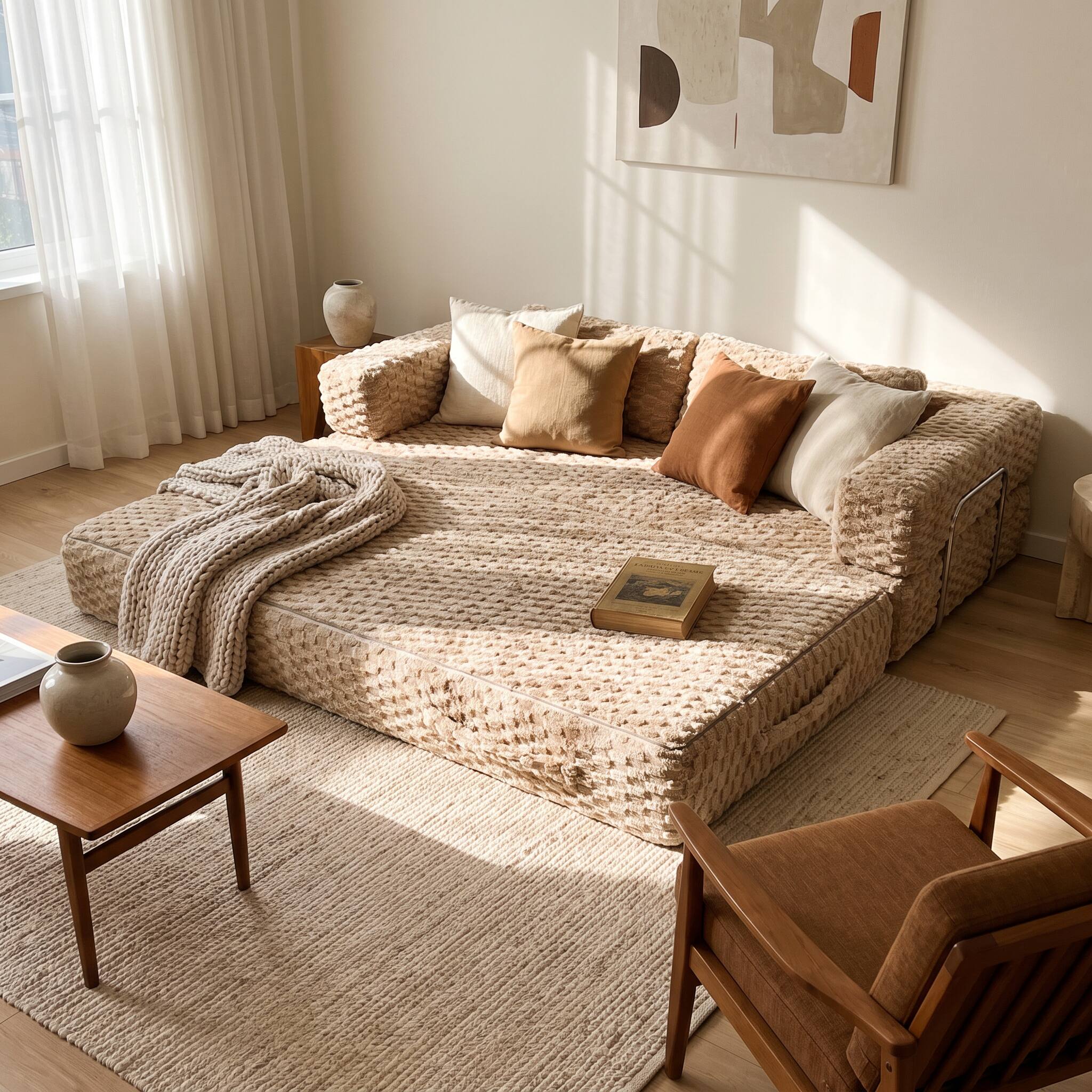 Alt View 1. Famapy - Convertible Folding Sofa Bed Couch 2-in-1 Loveseat with Plush Fabric Detachable Metal Support Brackets for Living Room - Light Brown.
