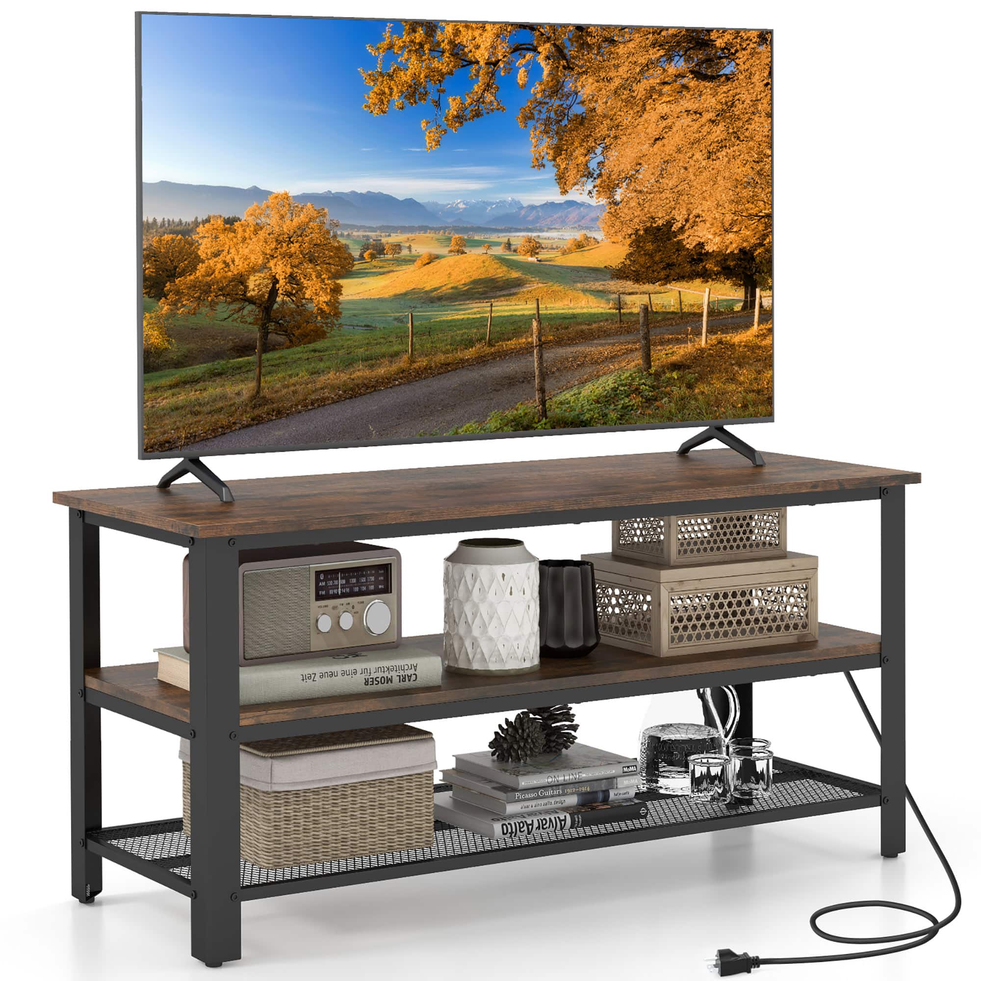 Gymax - 3-tier TV Stand for TVs up to 50 Inches w/ Power Outlets USB Ports Shelves - Rustic Brown