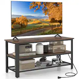 Gymax - 3-tier TV Stand for TVs up to 50 Inches w/ Power Outlets USB Ports Shelves - Rustic Brown