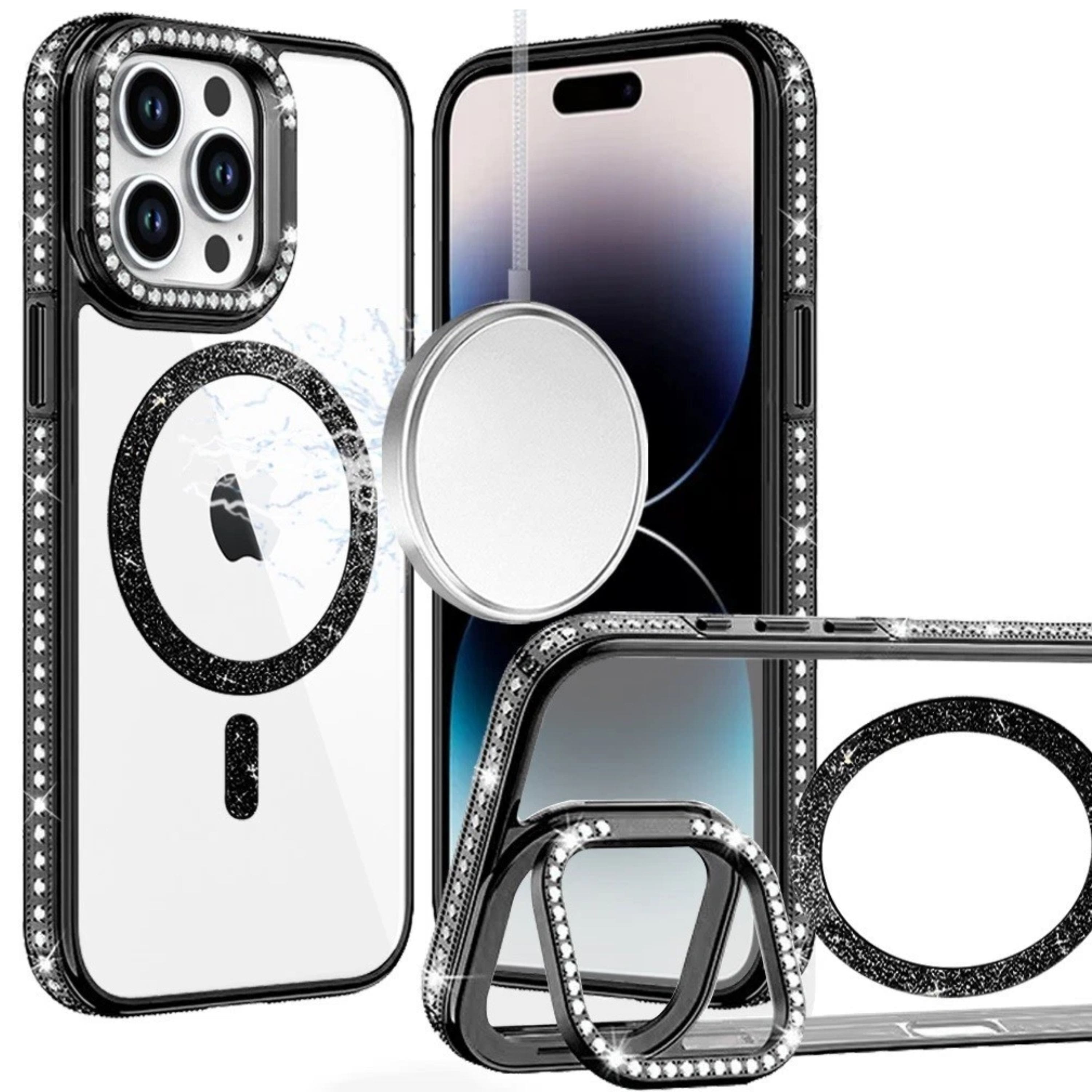 Kitcheniva - Diamond Bling Border Magnetic Circle Glitter For iPhone 14 Pro Max - Black